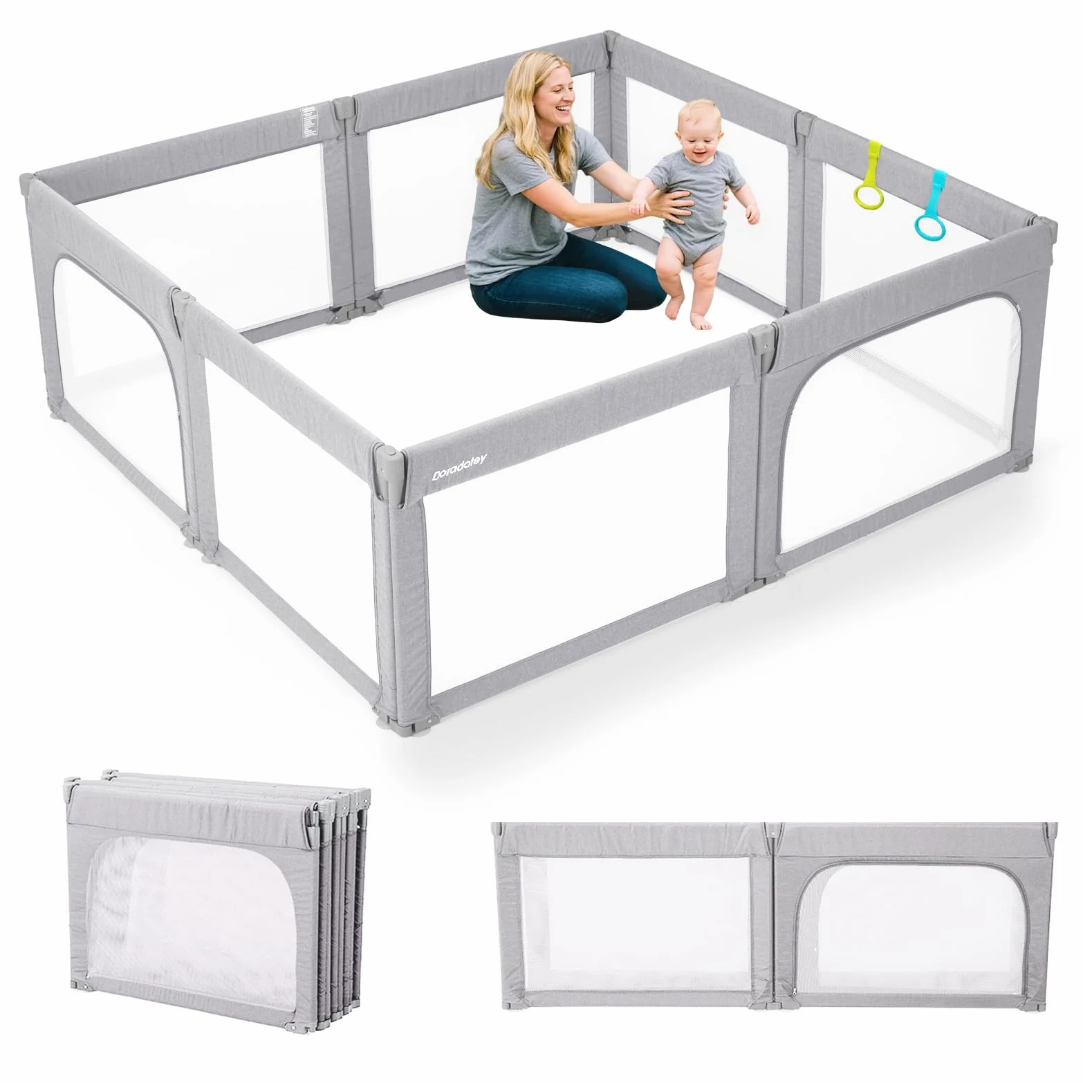 Box per bambini, cancelletto di sicurezza pieghevole, facile da montare, misura grande e regolabile, per interni, 180 x 200 cm, grigio chiaro