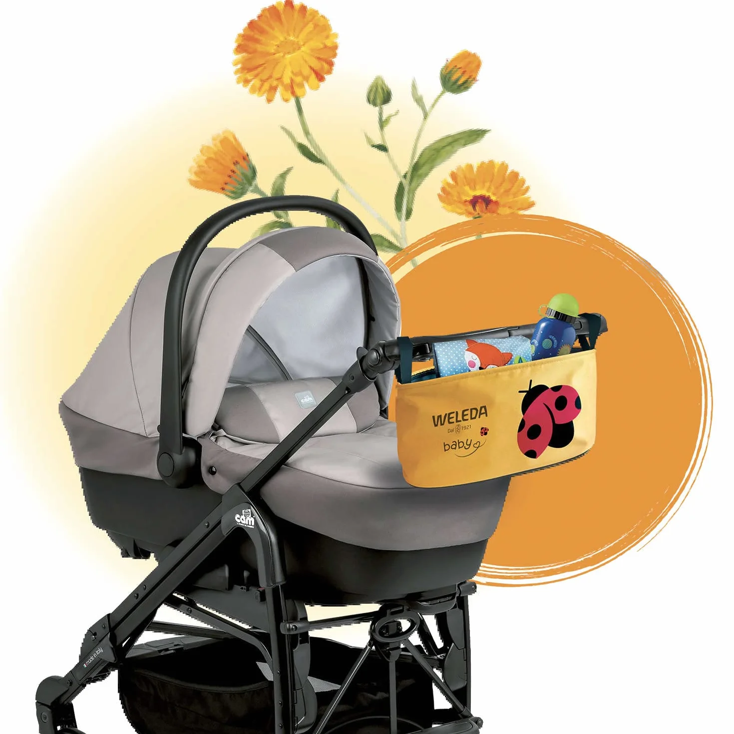 Weleda Mummy Bag, comoda borsa passeggino con kit completo di prodotti cosmetici per la protezione della pelle di neonati e bambini, a base di calendula bio certificata