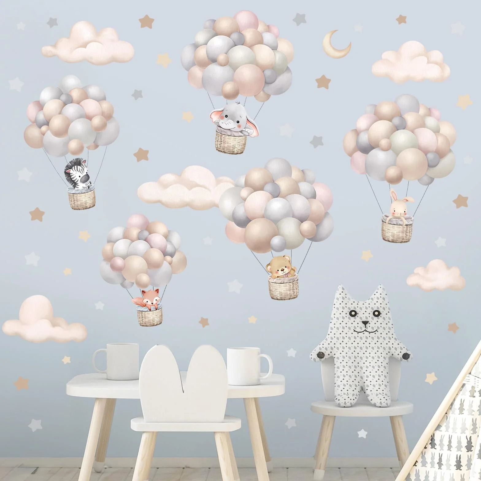 wondever Adesivi Murali Palloncini Animali Sticker da Muro Elefante Coniglio Orso Nuvole Adesivi da Parete per Asilo Nido Camerette Bambini Camera Ragazza