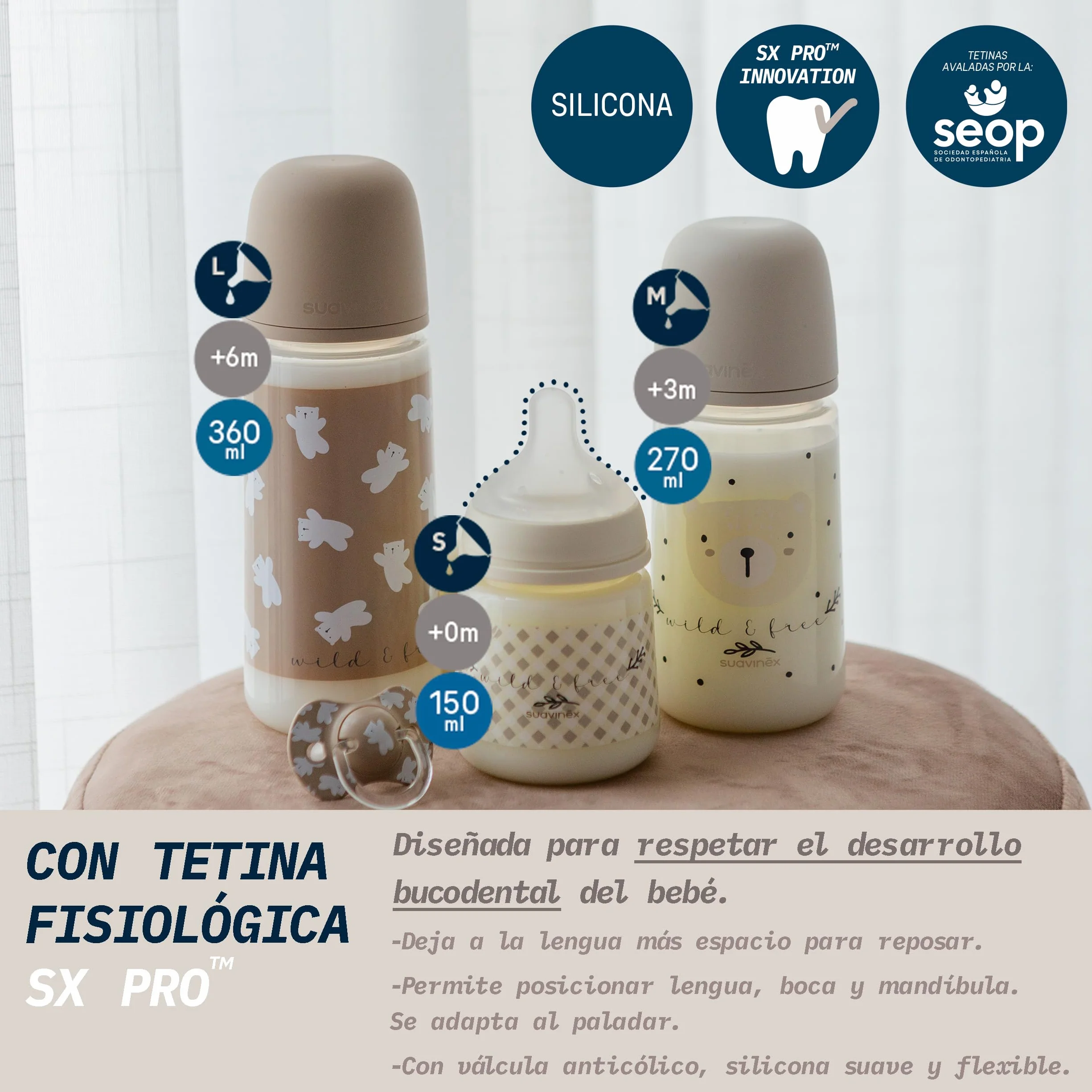 Suavinex, Biberon da 360 ml con Tettarella Fisiologica SX Pro in Silicone con Valvola Anticolica, a Flusso Denso (L), per Liquidi Densi, Adatto per Pappe Liquide. Neonati +6 mesi. Wild&Free, Beige