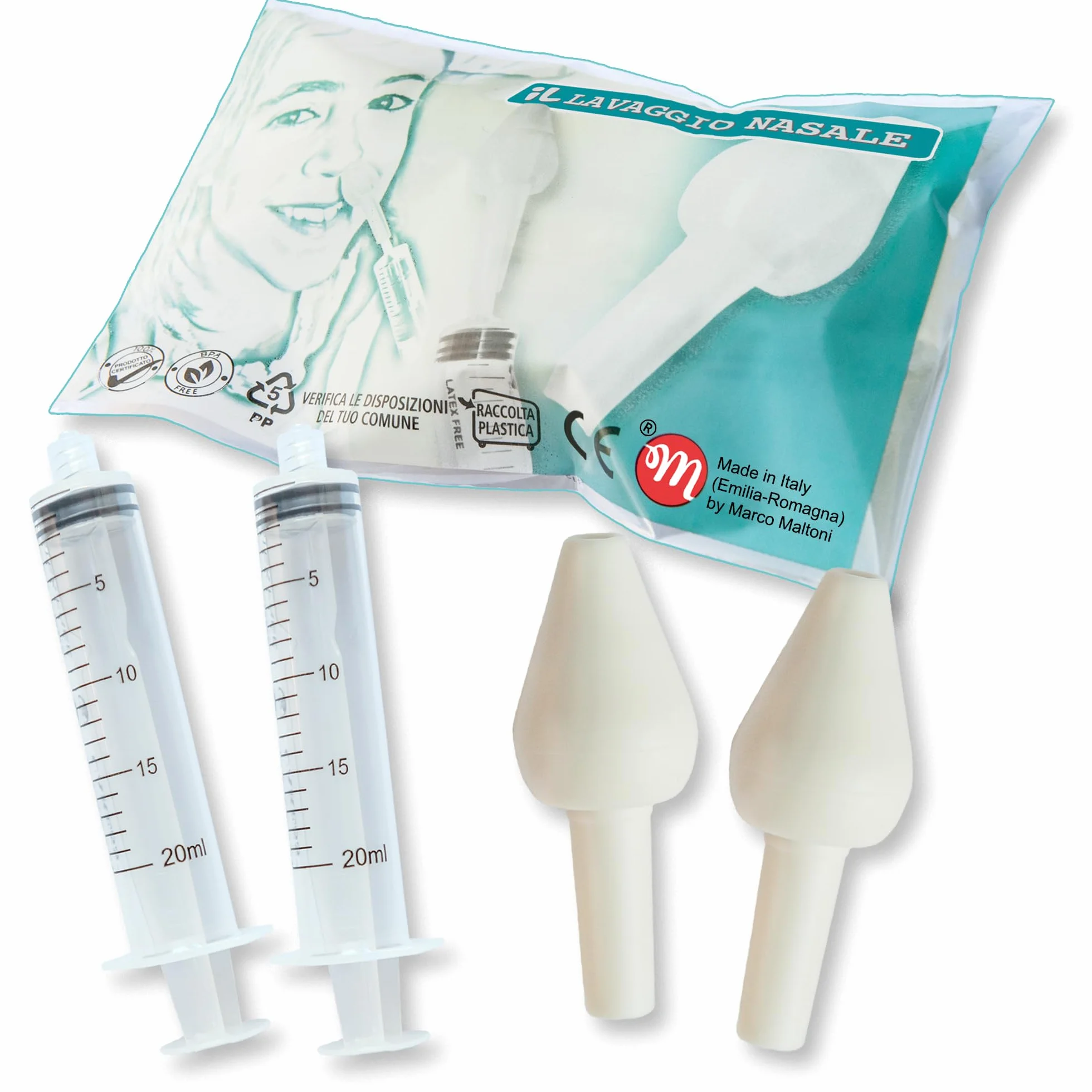 Set irrigatore nasale per LAVAGGIO NASALE, IGIENIZZABILE BY MARCO MALTONI, MADE IN EMILIA-ROMAGNA, 2 OLIVE NASALI GOMMOSE SMALL e 2 SIRINGHE da 20 ml