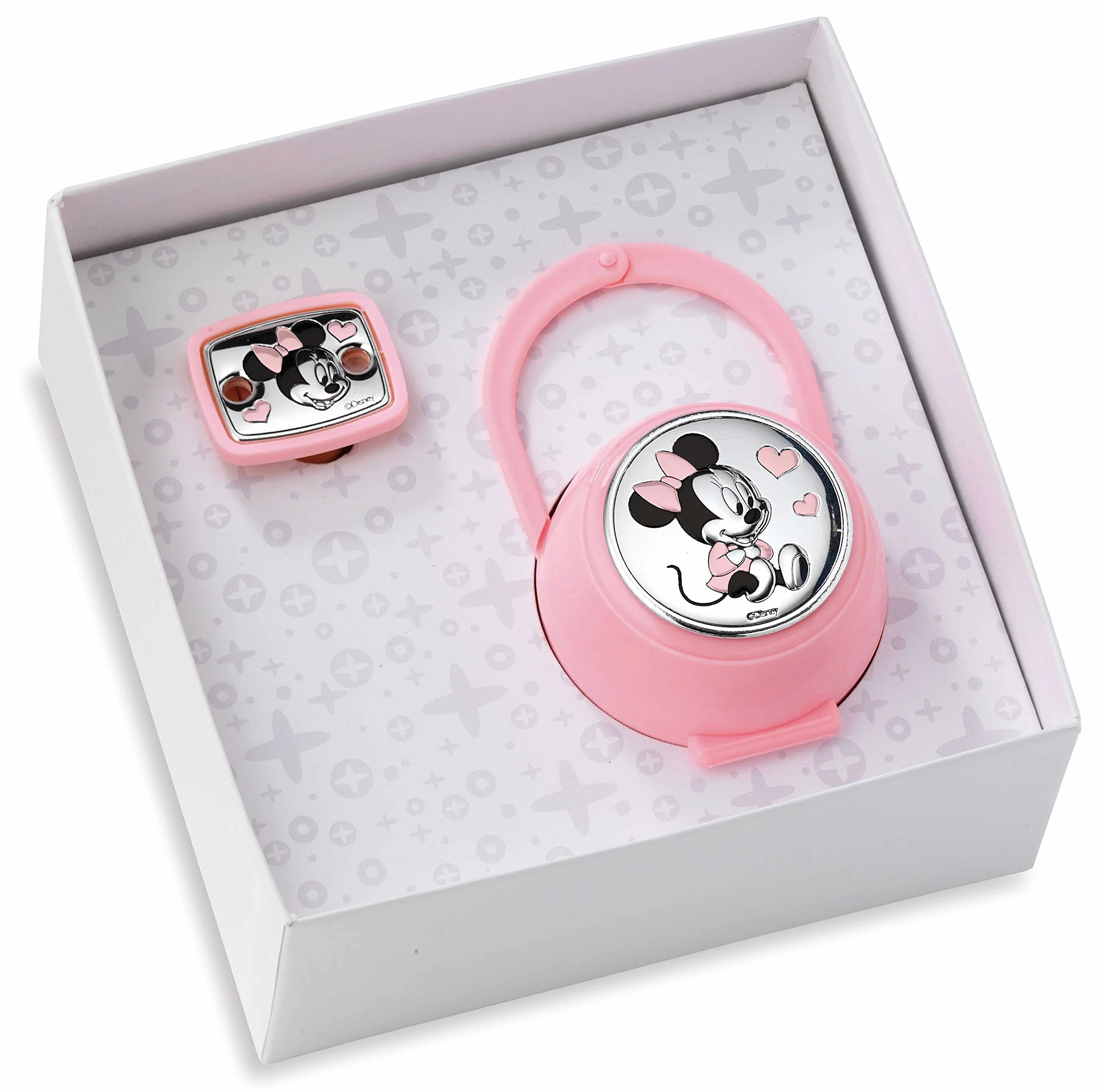 VALENTI & CO. - Disney Minnie Clip Ciuccio, Catenella Portaciuccio Con Box In Argento - Ideale Come Regalo Per Nascita Neonato O Battesimo - Rosa