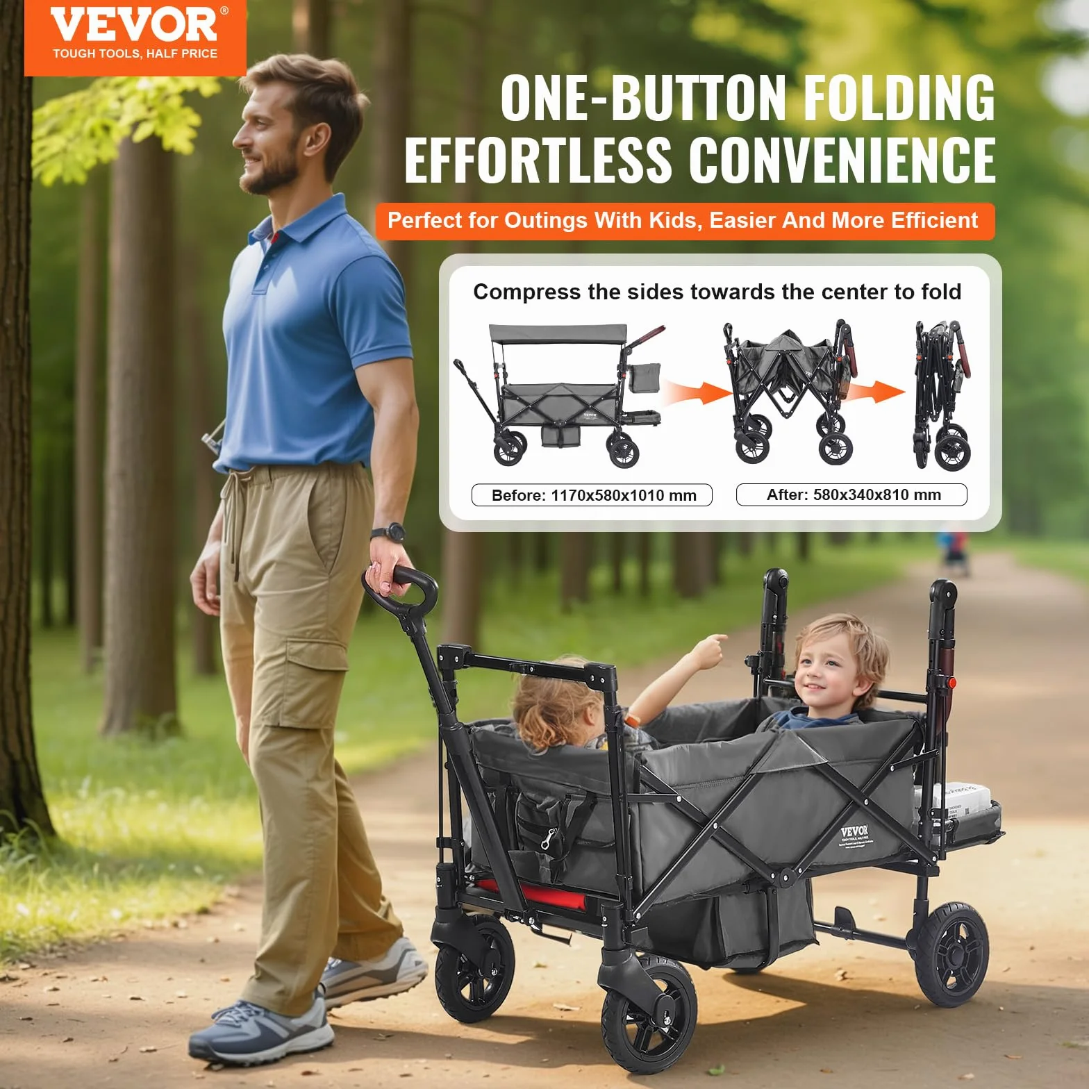 VEVOR Passeggino Wagon per 2 Bambini, Passeggino Pieghevole con Maniglia Regolabile, Tettuccio Rimovibile, Lmbracatura Circolare, 4 Ruote Freni Passeggino Portatile Multifunzione Campeggio, Grigio