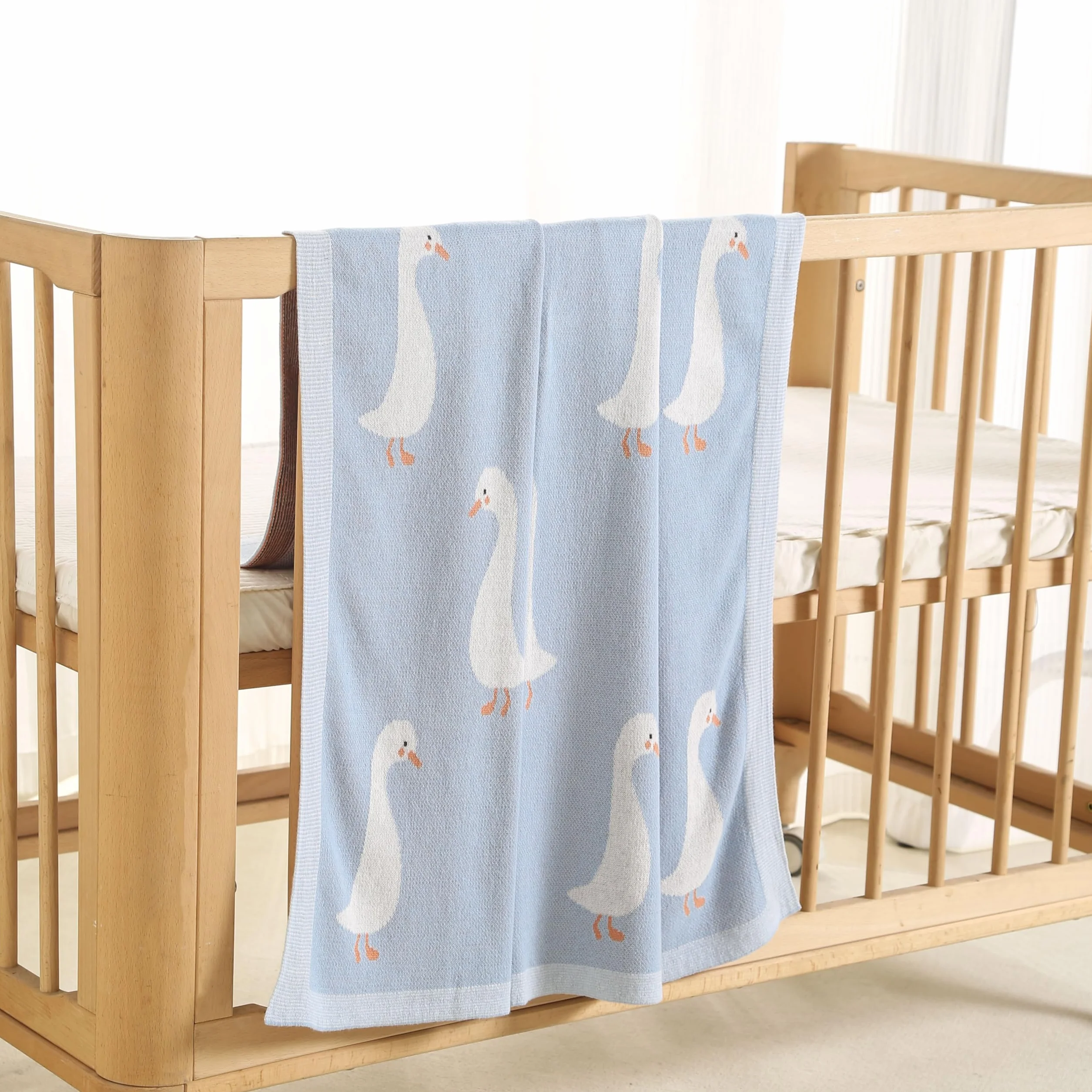 Coperta per neonati in 100% cotone, morbida coperta a maglia per lettino per bambino/ragazza, carrozzina, blu, 100 x 80 cm
