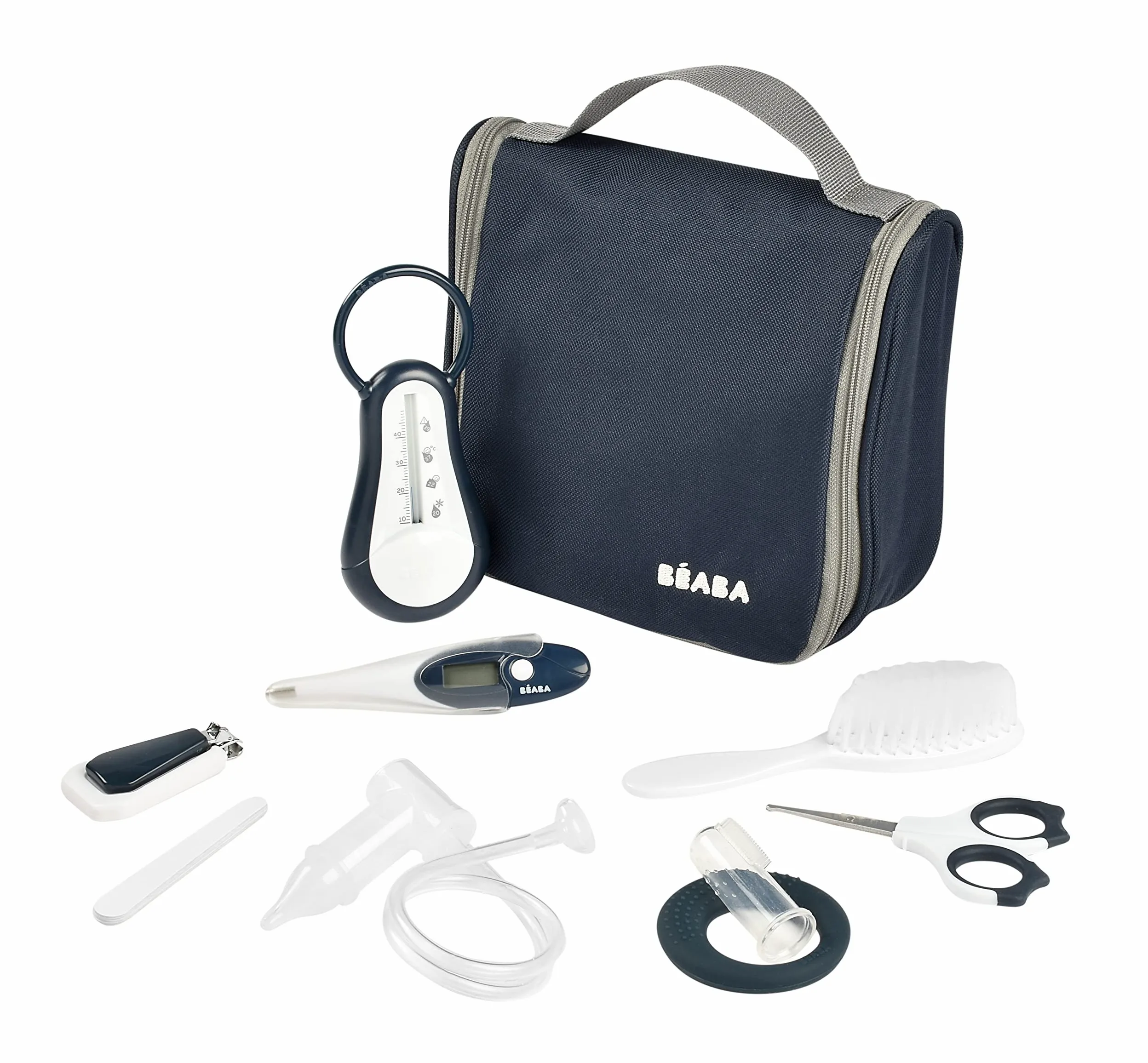 BÉABA Set per la Cura del Bambino, Kit Completo de 9 Accessori, Termometro da Bagno Digitale, Aspiratore nasale, Massaggiatore di Gengive, Borsa da Toilette da Viaggio, Blu notte