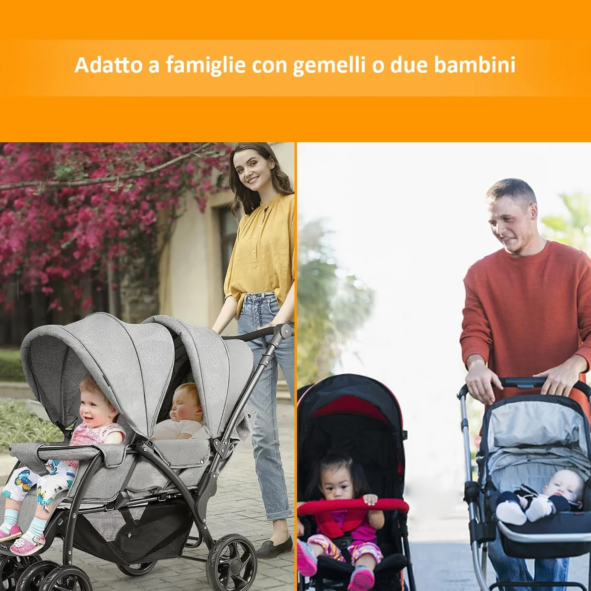 GYMAX Passeggino Gemellare Doppio/Fratelli di Età Diverse, Pieghevole Leggero, Tendalino/Schienale Regolabili, Portata di 15kg+15kg (Grigio, Verticale)