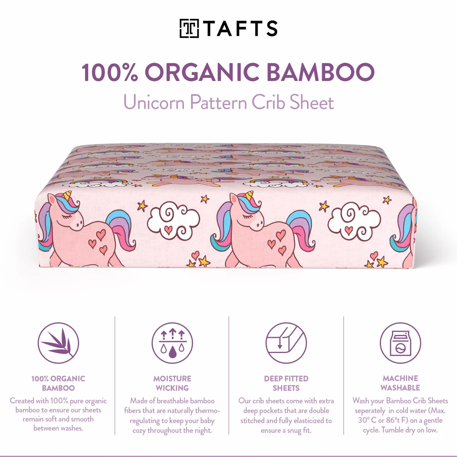 TAFTS Lenzuolo per culla in viscosa di bambù, per ragazze e ragazzi, in 100% viscosa di bambù biologica, per culla standard e materasso per bambini, rinfrescante, morbido, elastico 360 (2 pezzi, 71 x