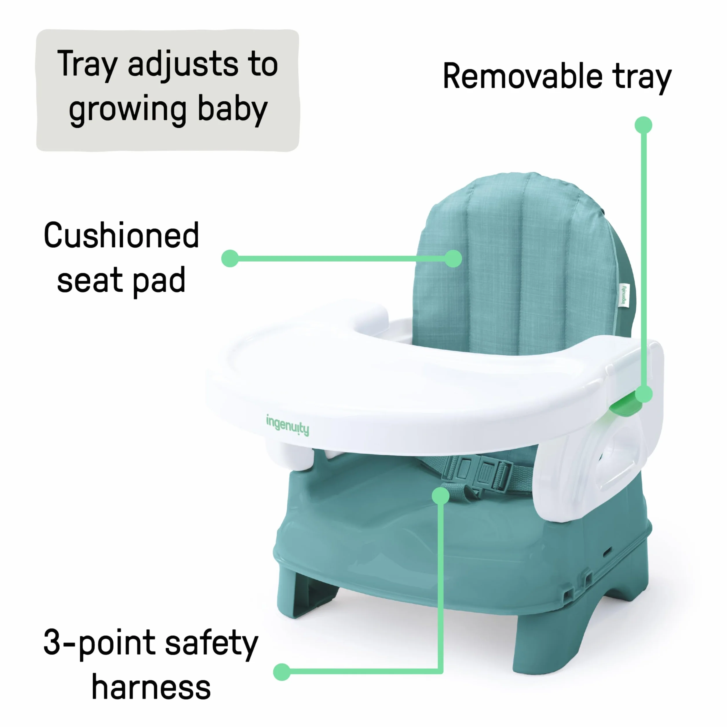 Ingenuity, Deluxe Comfort Seggiolino da Tavolo per Bambini Pieghevole, Altezza Regolabile, Imbottito, Leggero, Teal, 6M-3Y
