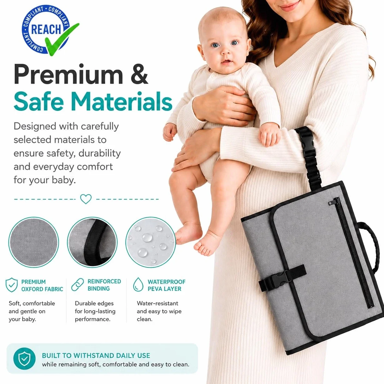 Fasciatoio portatile XL. Il fasciatoio per pannolini è una borsa smontabile con 6 tasche come una trousse per gli articoli del bebè. Impermeabile, (Pack Normal (Grigio))