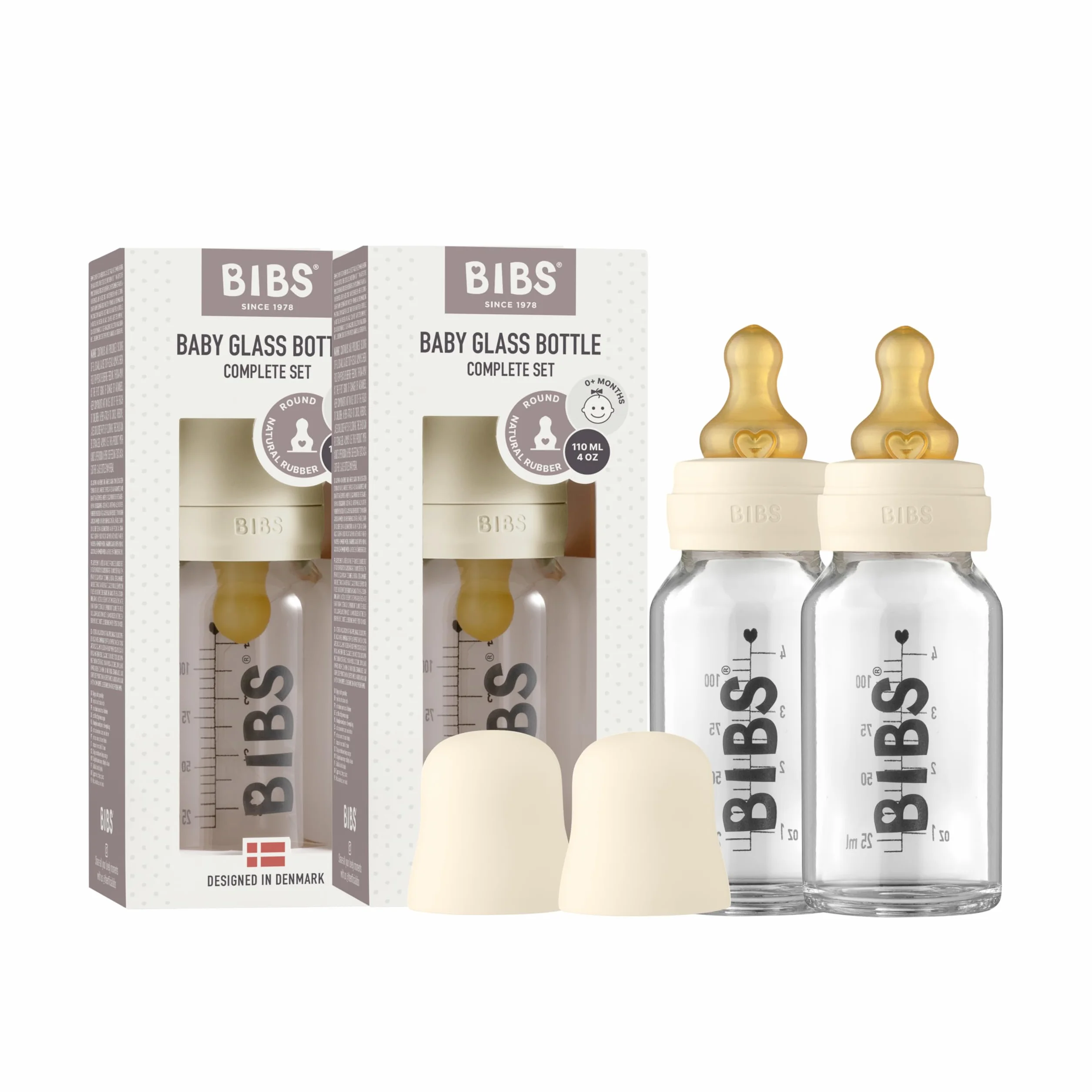 Biberon in vetro BIBS. Set di 2. Anti-coliche. Tettarella rotonda in lattice di gomma naturale. Favorisce l'allattamento naturale al seno, Complete Set - 110 ml (Pack of 2), Ivory