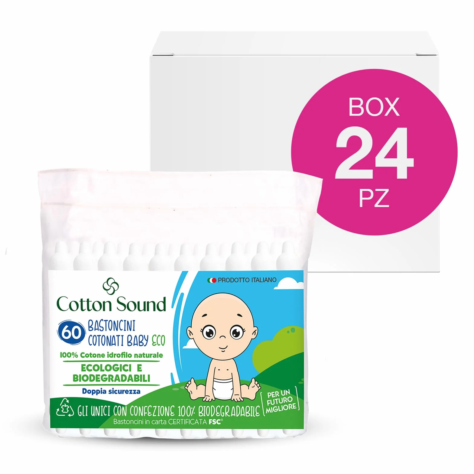 COTTON SOUND ECO Bastoncini Cotonati Baby Busta 24 confezioni x 60 Pezzi, Bastoncini Cotonati per Bambini, Bastoncini Ecologici e Biodegradabili 100% Cotone Idrofilo, Busta Compostabile, Made in Italy