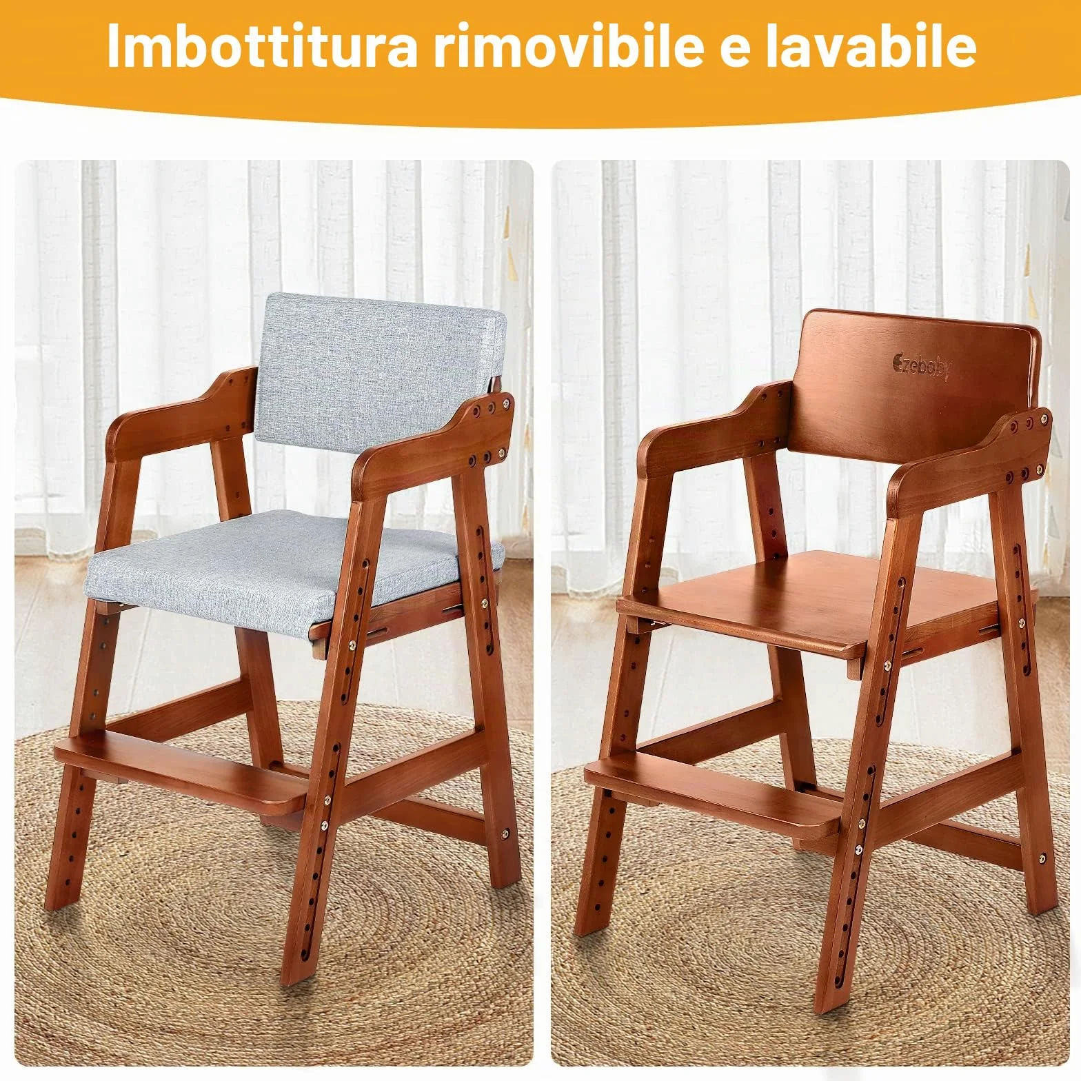 Ezebaby Seggiolone, sedia per bambini, in legno di faggio, regolabile in altezza, stabile e sicura, fino a 90 kg, per bambini e adulti