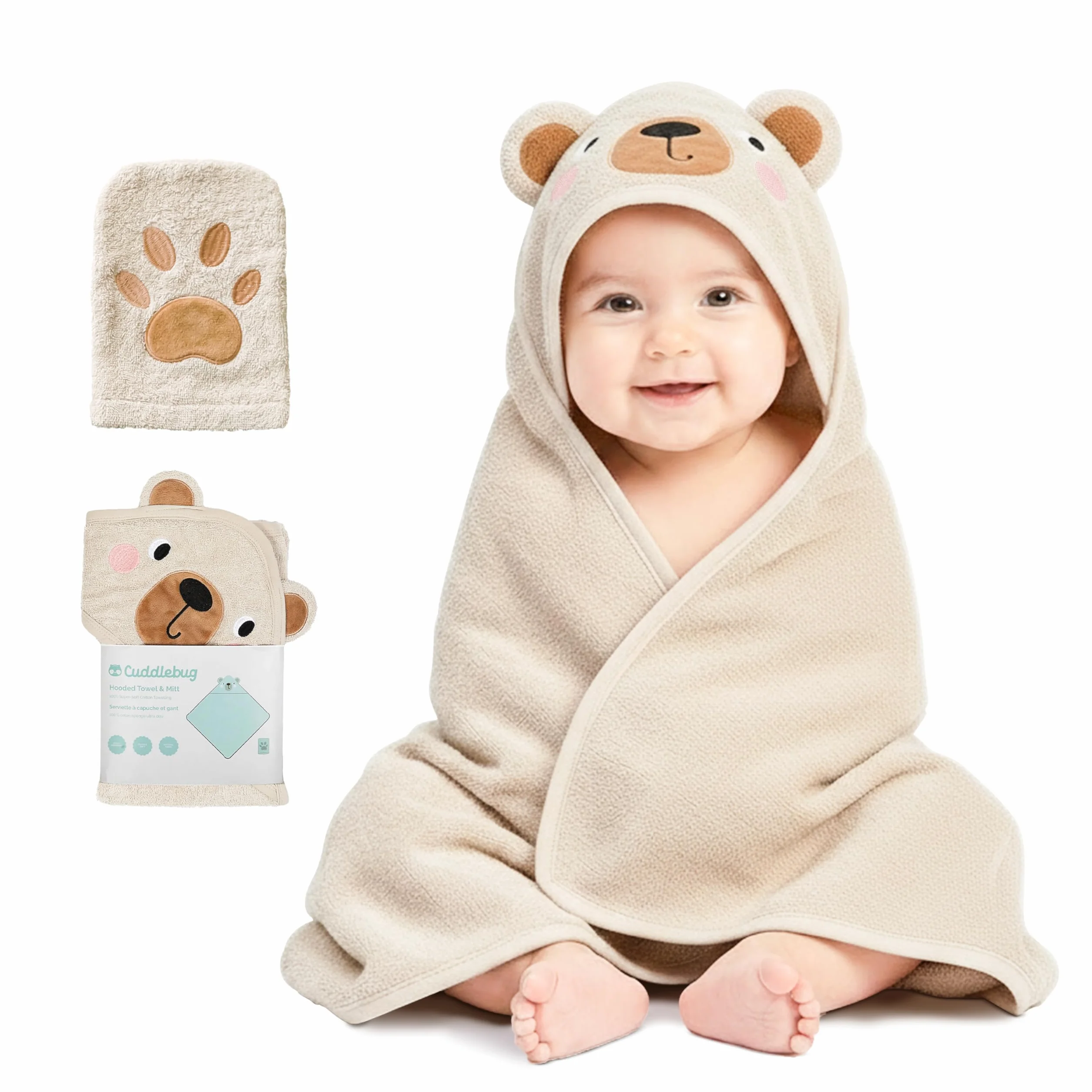 Cuddlebug Accappatoio Neonato con Cappuccio e Lavetta - 100% Spugna di Cotone per Neonati e Bambini - Asciugamano Neonato Super Morbido e Assorbente - Essenziali Bagnetto (85x85cm) - Orso