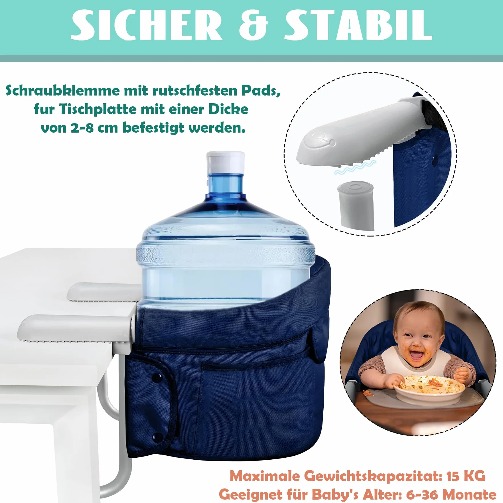SUBTLETY Seggiolino da tavolo, pieghevole, con borsa per il trasporto, antiscivolo, con morsetti e borsa per la seduta, portatile, per tavolo da 2 a 8 cm di spessore, capacità di carico 15 kg, blu