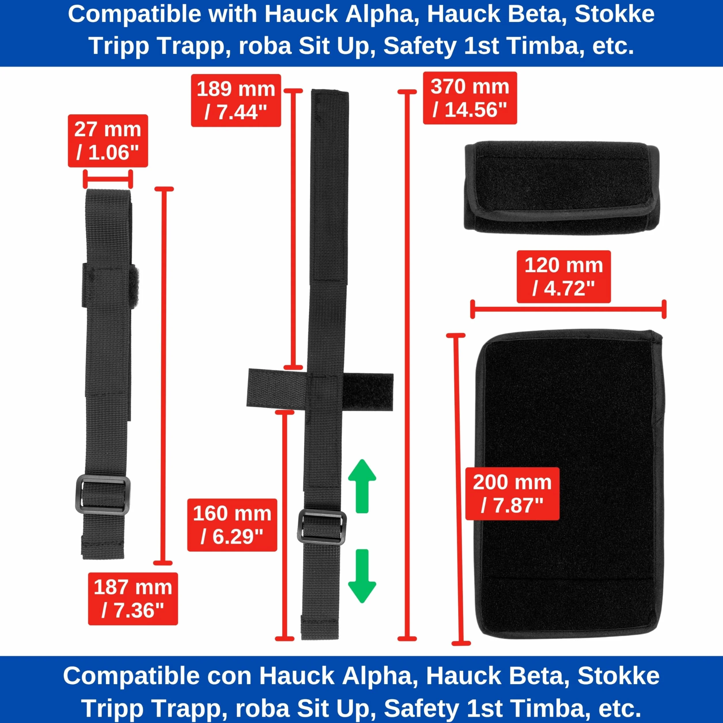Cinghia inguinale con protezione per cintura per seggiolone, confezione da 2, in nero, cinghie per cintura compatibili con Hauck Alpha Beta, Stokke Tripp Trapp, roba e molti altri