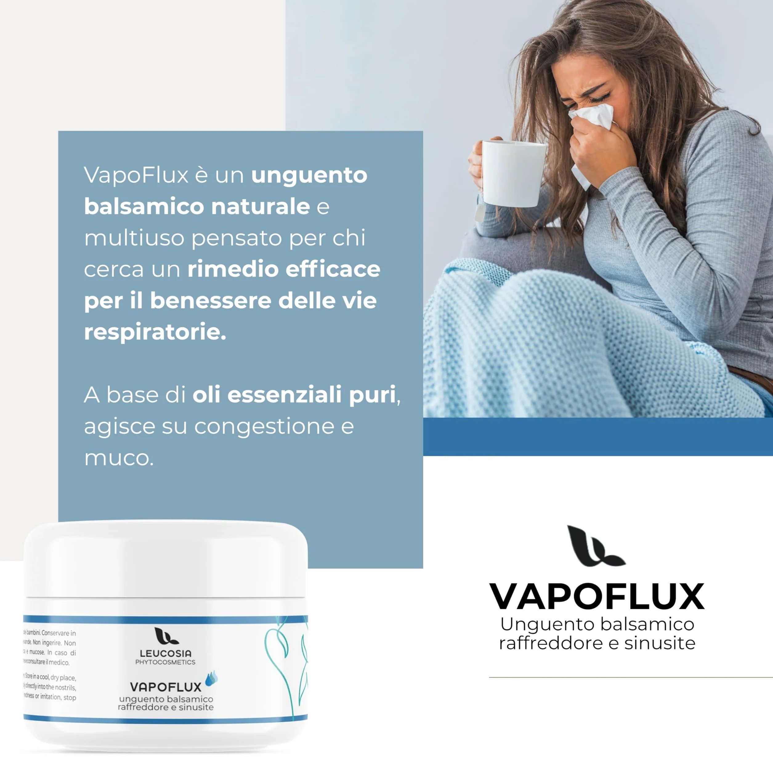 VapoFlux Unguento Balsamico Naturale 50 ml, Supporto per le Vie Respiratorie con Oli Essenziali di Eucalipto, Tea Tree e Menta, Decongestionante e Fluidificante