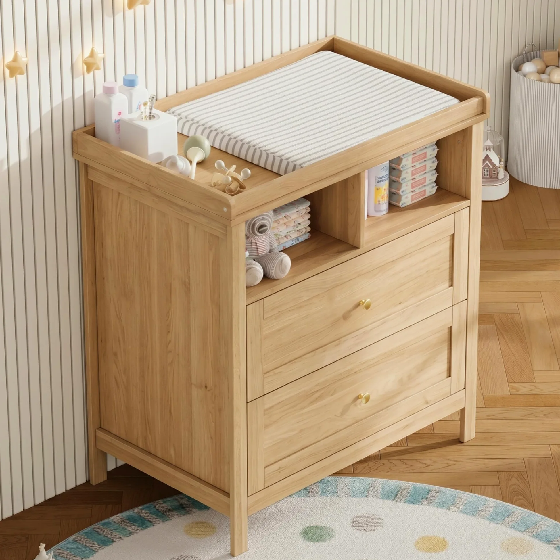 Merax Fasciatoio con fasciatoio multifunzione, fasciatoio per bambini con fasciatoio rimovibile, cassettiera con cassetti e spazio portaoggetti, fasciatoio convertibile, effetto legno, 82 x 50 x 90 cm