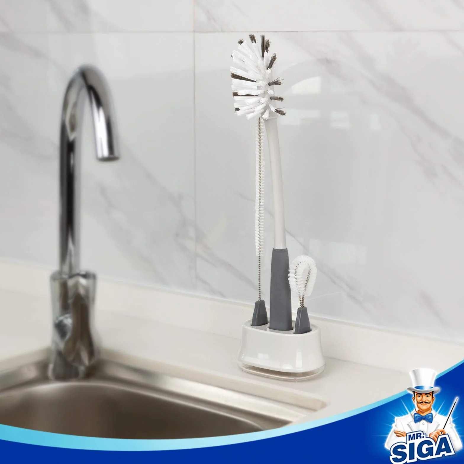 MR.SIGA set di 3 spazzole per biberon con supporto, spazzola per la pulizia di bottiglie lunghe e strette, borracce, biberon, bicchieri