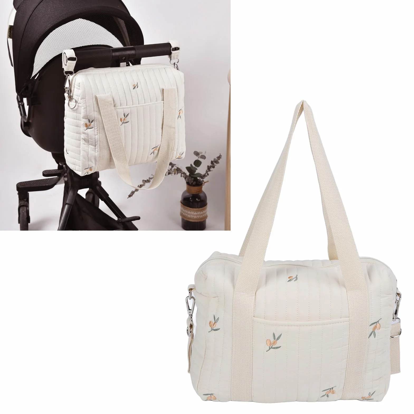 BORDSTRACT Borsa Portaoggetti Multifunzionale Per Passeggino, Borsa Riutilizzabile con Ricamo con Cerniera Borsa Per Pannolini Tasca con Cerniera di Grande Capacità Resistente(oliva)