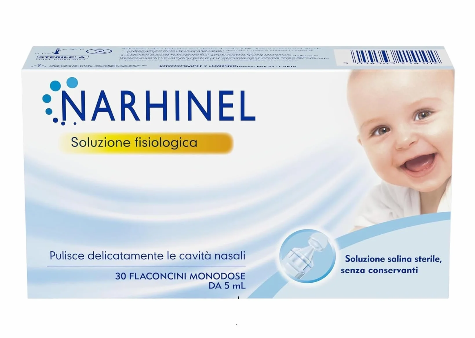 Narhinel Soluzione Fisiologica per Lavaggi Nasali, Soluzione Salina Isotonica, Detersione Delicata in Caso di Naso Chiuso, Pacco da 30 Flaconcini Monodose da 5 ml