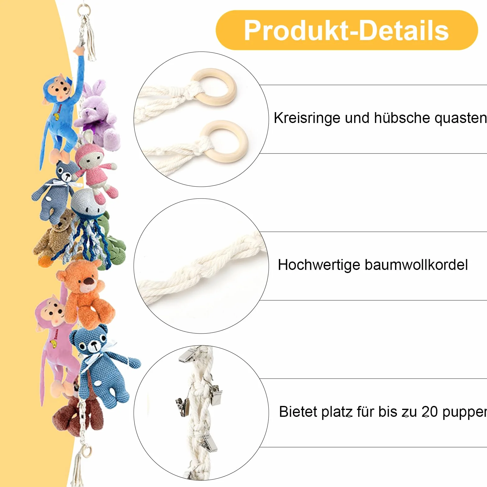 APOMOONS Supporto per Animali di Peluche da Appendere con 20 Mollette in Metallo, Decorazione per La Cameretta dei Bambini, Porta Peluche per Appendere Cappelli, Calze, Biglietti di Natale