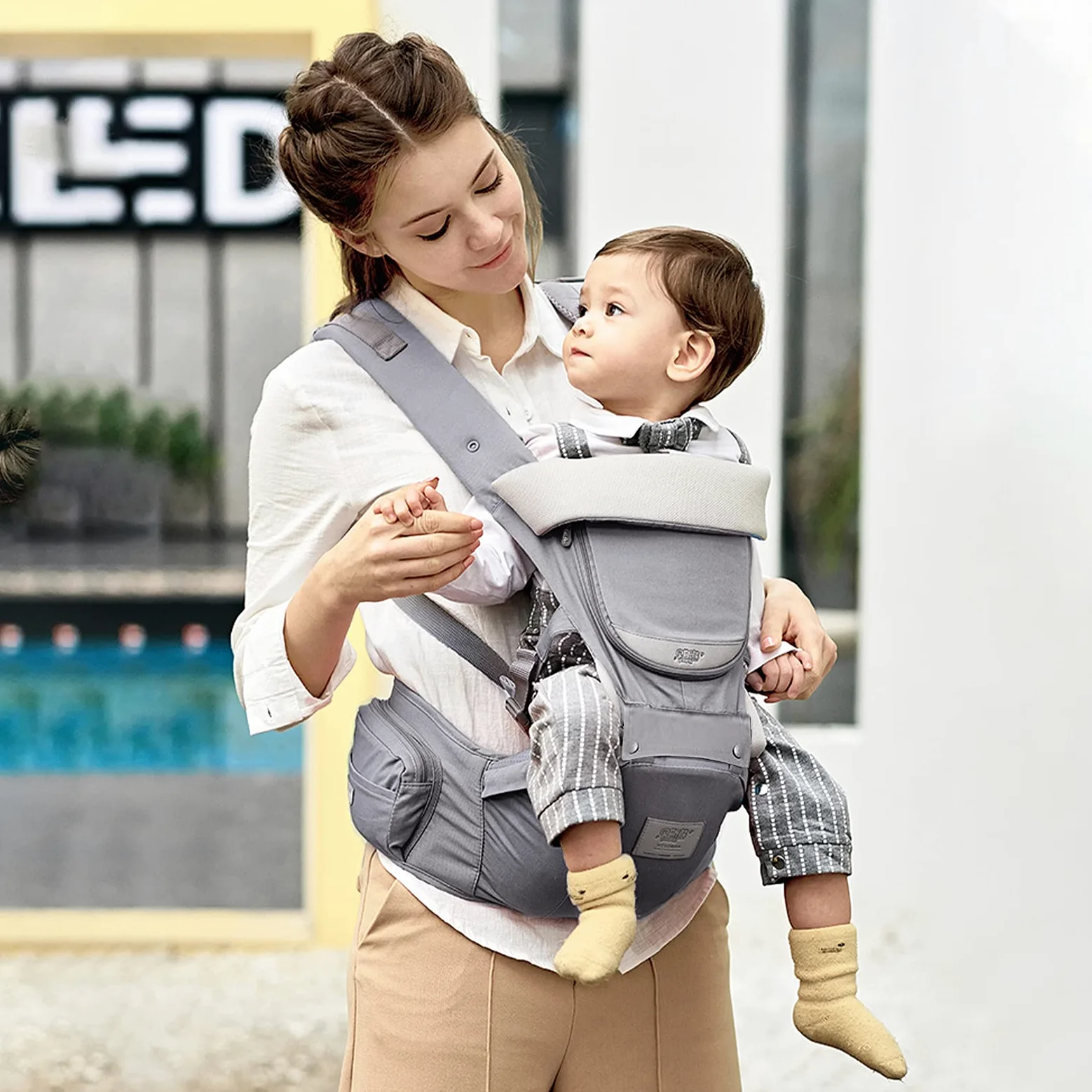 SONARIN Marsupio Neonati Multifunzione 3 in 1 con Sedile,Puro Cotone 3D Air Mesh Portantina Traspirante per Bambini 0-36 Mesi,Ergonomico,Regolabile,Tutte le Posizioni,Fino a 30 KG(Grigio Chiaro)