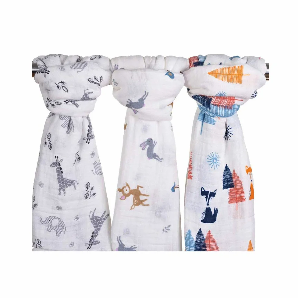Bambino Swaddle Coperta mussola, 47x47 (3 Pack)"Fox & Deer & Girafe Stampa" Organic mussola di cotone Copertina per per i ragazzi e le ragazze, panni del Burp & Passeggino Copertina