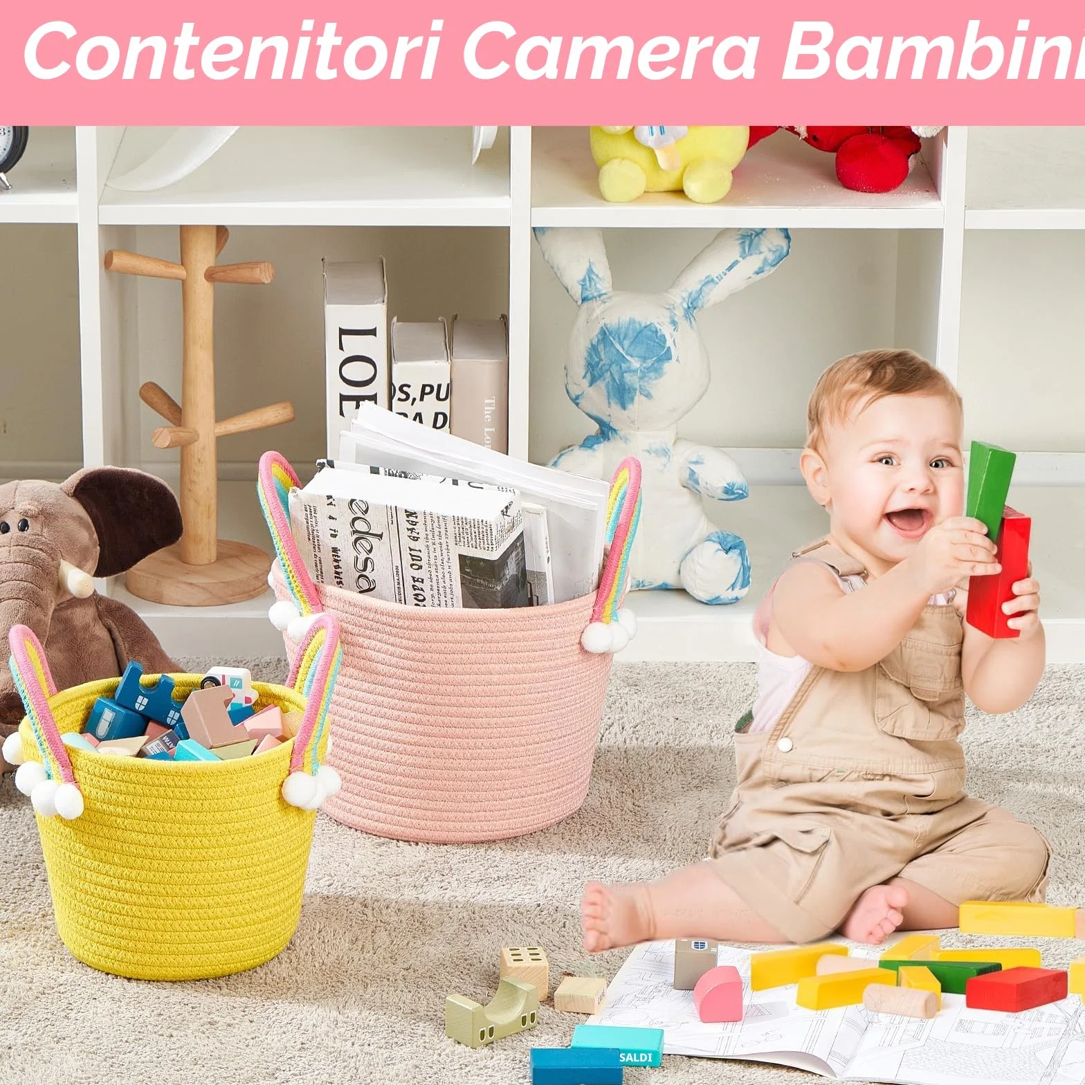 Cesto portaoggetti per bambini, per giocattoli, per vestiti, 3 pezzi, design floreale, tessuto morbido con manico, perfetto per organizzare l'asilo (cesto arcobaleno)