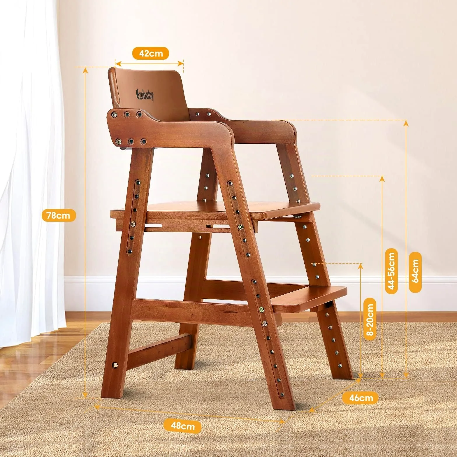 Ezebaby Seggiolone, sedia per bambini, in legno di faggio, regolabile in altezza, stabile e sicura, fino a 90 kg, per bambini e adulti