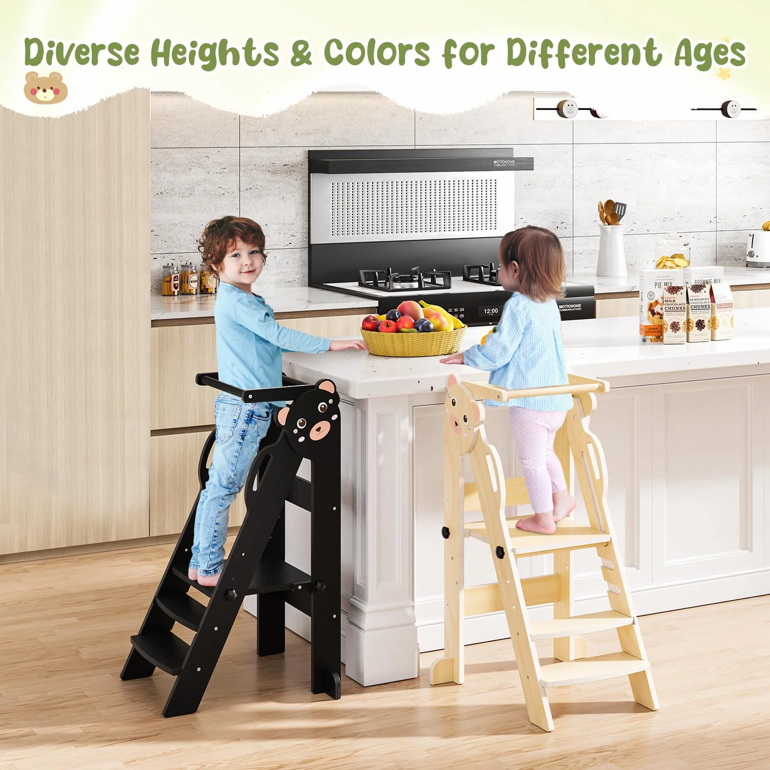 Torre di Apprendimento Pieghevole, 3 Altezze Regolabili, Fold Legno Torre Montessoriana da 1 a 6 Anni per Bambini, Montessori Learning Legno Naturale Kitchen Helper