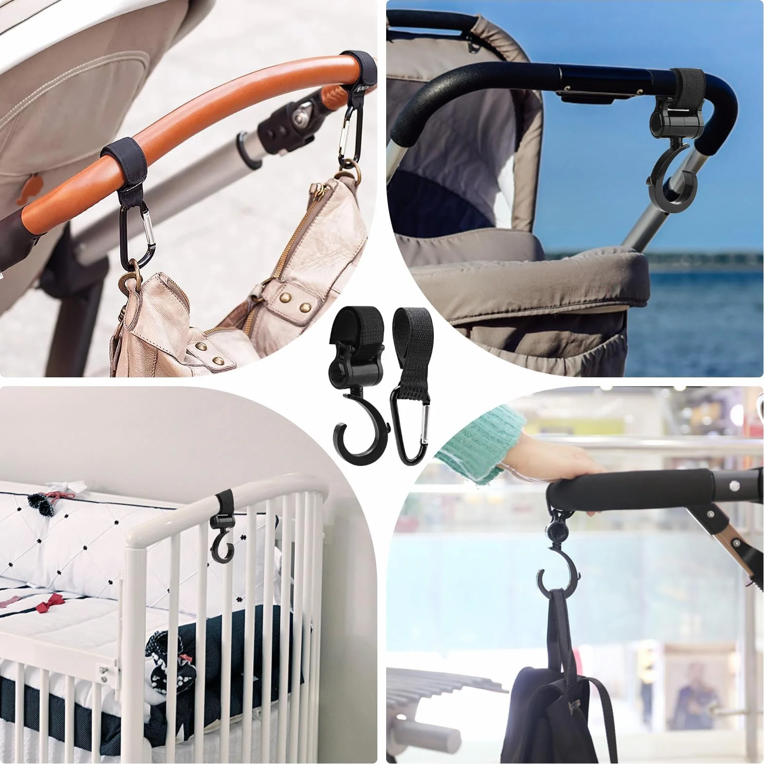 4 Pezzi Ganci Passeggino, Ganci per Passeggino Universale Leggero Rotanti Appendi, Multiuso Gancio Clip con Chiusura Regolabile, Ganci Appendere per La Spesa Borse Pannolini Borsette (Nero)