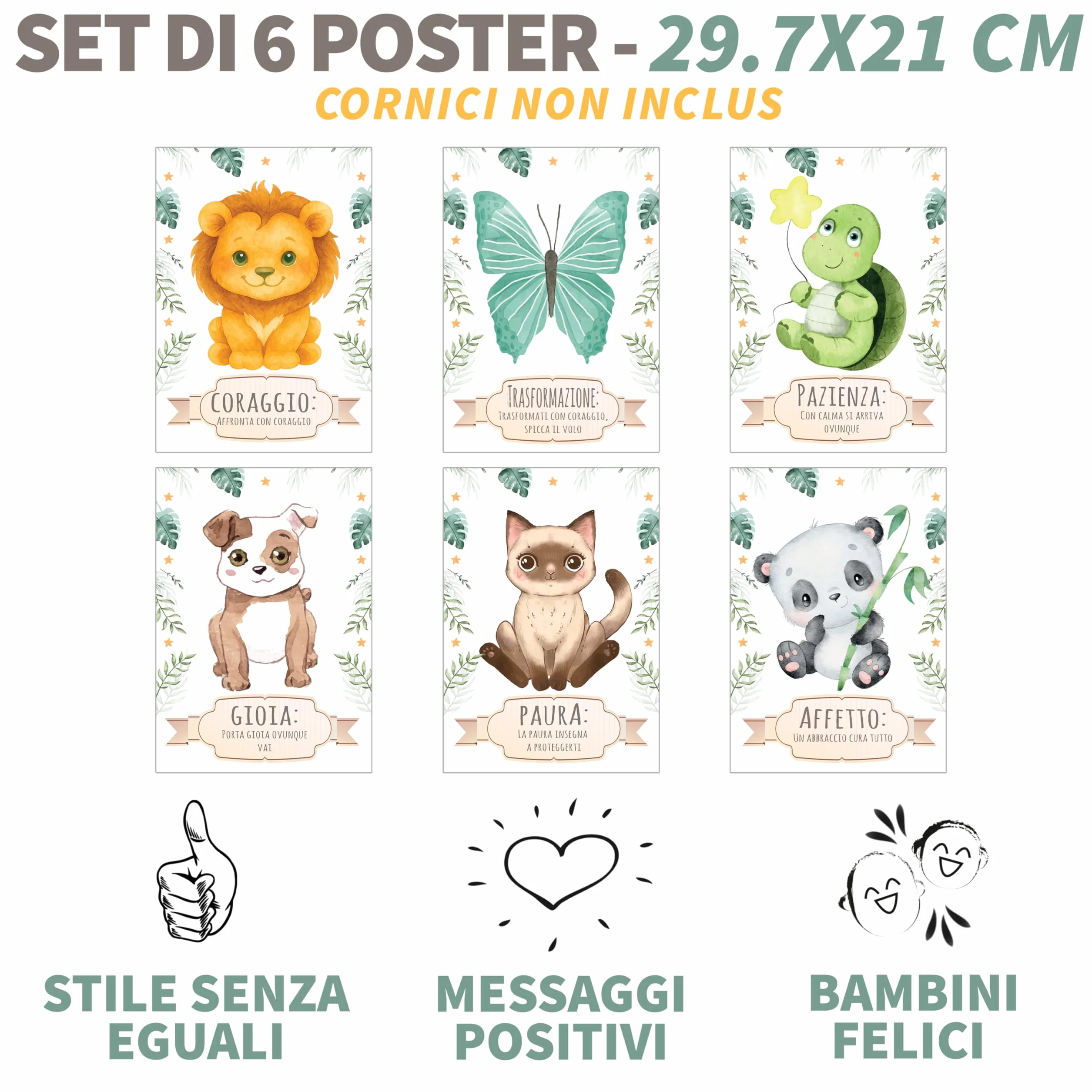 NAÏZAYA Cameretta Bambina Bambino Decorazioni - Set 6 Poster Quadri Animali 21x30cm - Frasi Motivazionali Italiano, Senza Cornice