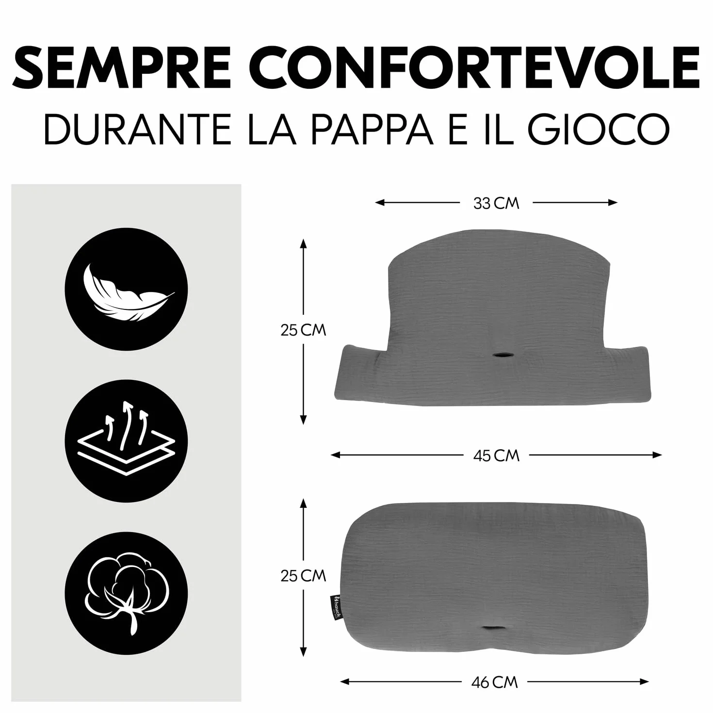 hauck Highchair Pad Select, Grigio Scuro Mussola - Cuscino per Bambini 6 - 36 Mesi - Accessorio Compatibile con Seggiolone Pappa Alpha+, Beta+ e Arketa - Antiscivolo e Imbottitura Soffice