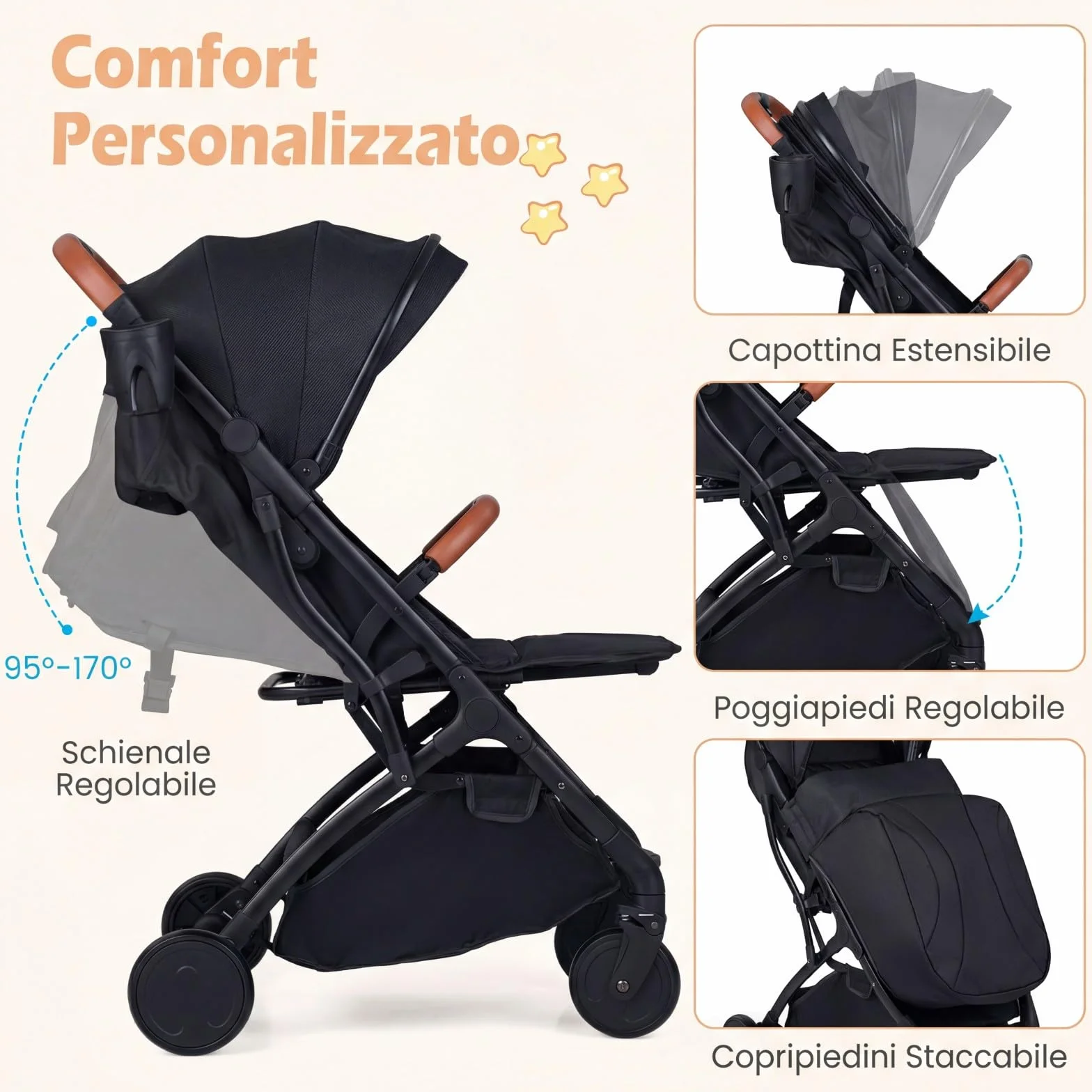 COSTWAY Passeggino Leggero per Neonati con Tettuccio, Schienale e Poggiapiedi Reclinabili, Passeggino Pieghevole con Portabicchieri, Cestello Portaoggetti, per Bambini 0-3 Anni (Nero)