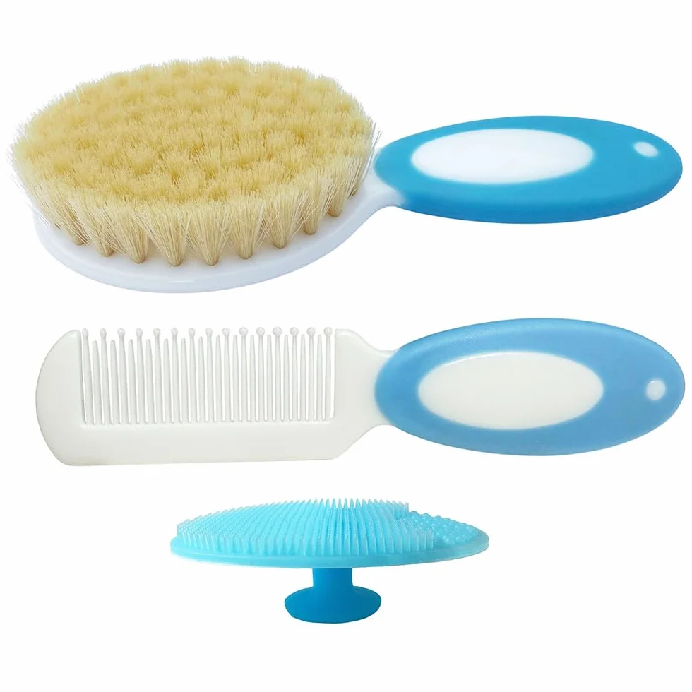 Set di spazzole per capelli per neonata e neonata con setole morbide di capra, regalo perfetto per la registrazione del bambino (blu)