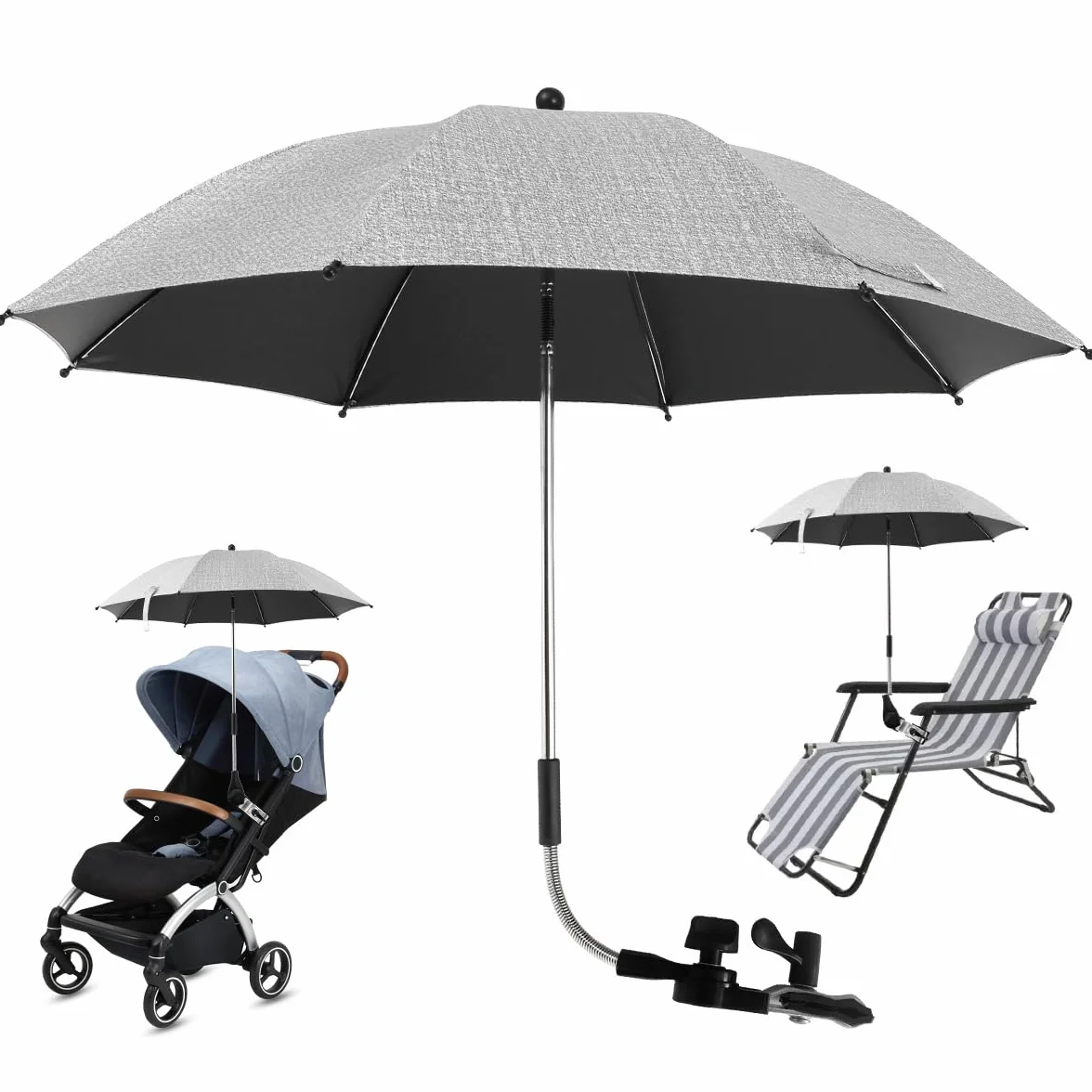Ombrello Passeggino Universale Anti UV 50+, Ombrellone Passeggino Universale con Morsetto Regolabile e Braccio Regolabile, Ombrello Passeggino Comfort per Esterni Spiaggia Giardino