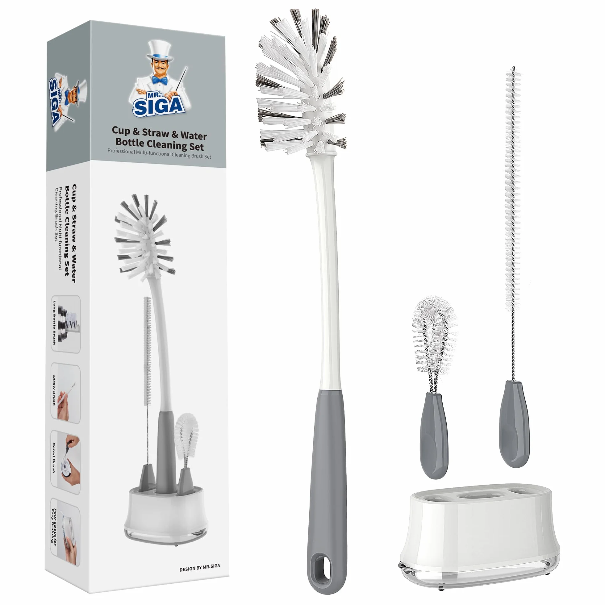MR.SIGA set di 3 spazzole per biberon con supporto, spazzola per la pulizia di bottiglie lunghe e strette, borracce, biberon, bicchieri