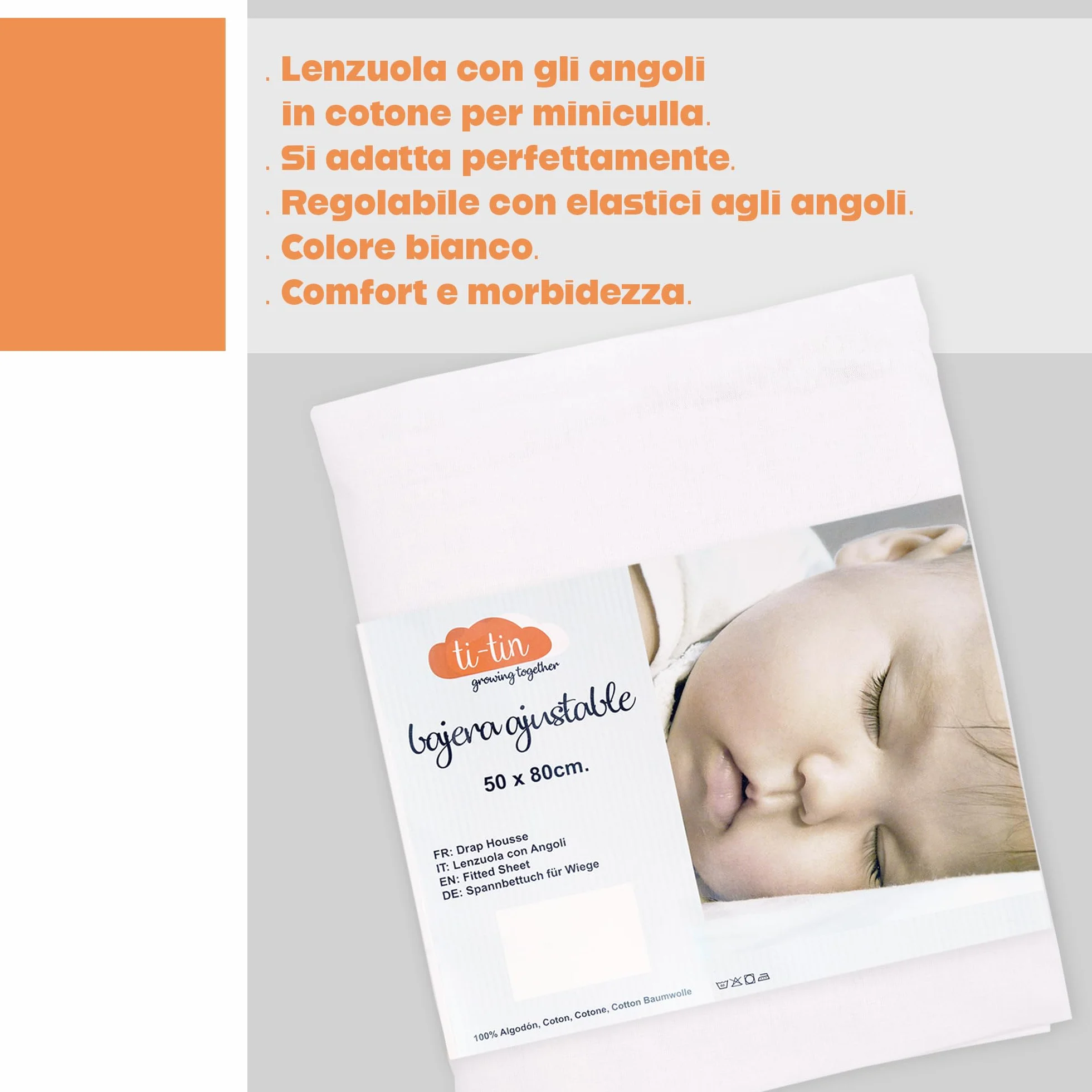 Ti TIN Confezione Da 2 Lenzuola con Angoli Per Culla 100% Cotone | Set Di 2 Lenzuola Elasticizzate Regolabili, 50x83 cm, 2 Lenzuola Bianca