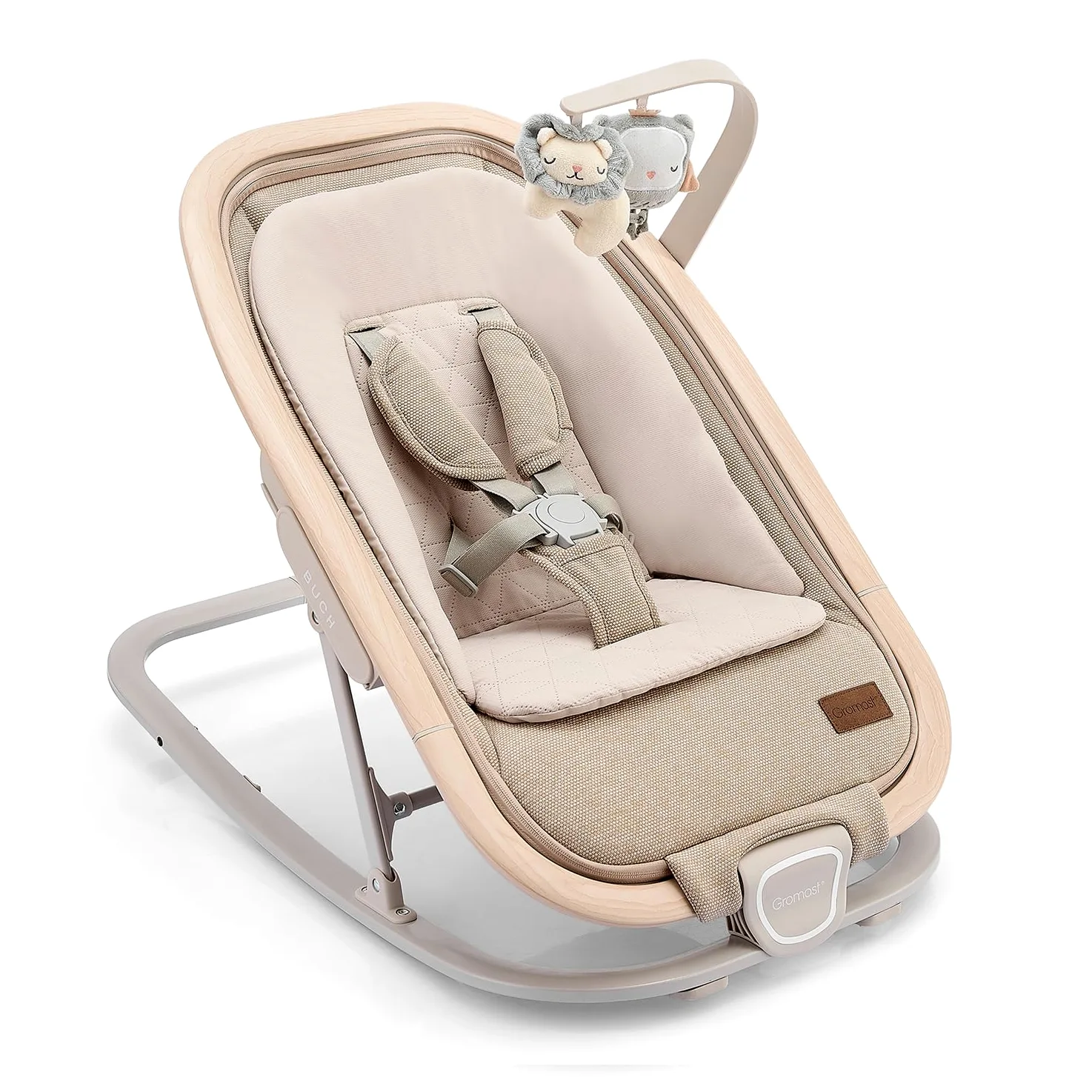 Gromast Sedia a dondolo 2 in 1 per neonati, dondolo portatile con 3 posizioni di reclinazione, giocattoli da appendere e borsa da viaggio - Beige