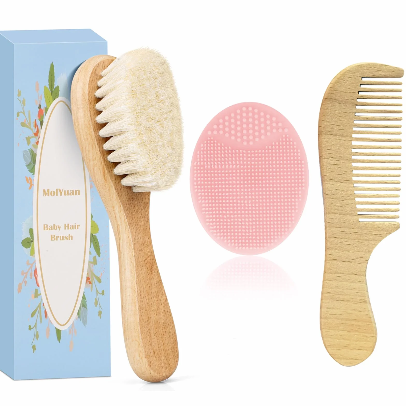 Set di 3 spazzole e pettini per bambini, con setole di capra e setole in silicone, per neonati e bambini (Rosa Brosse in silicone)