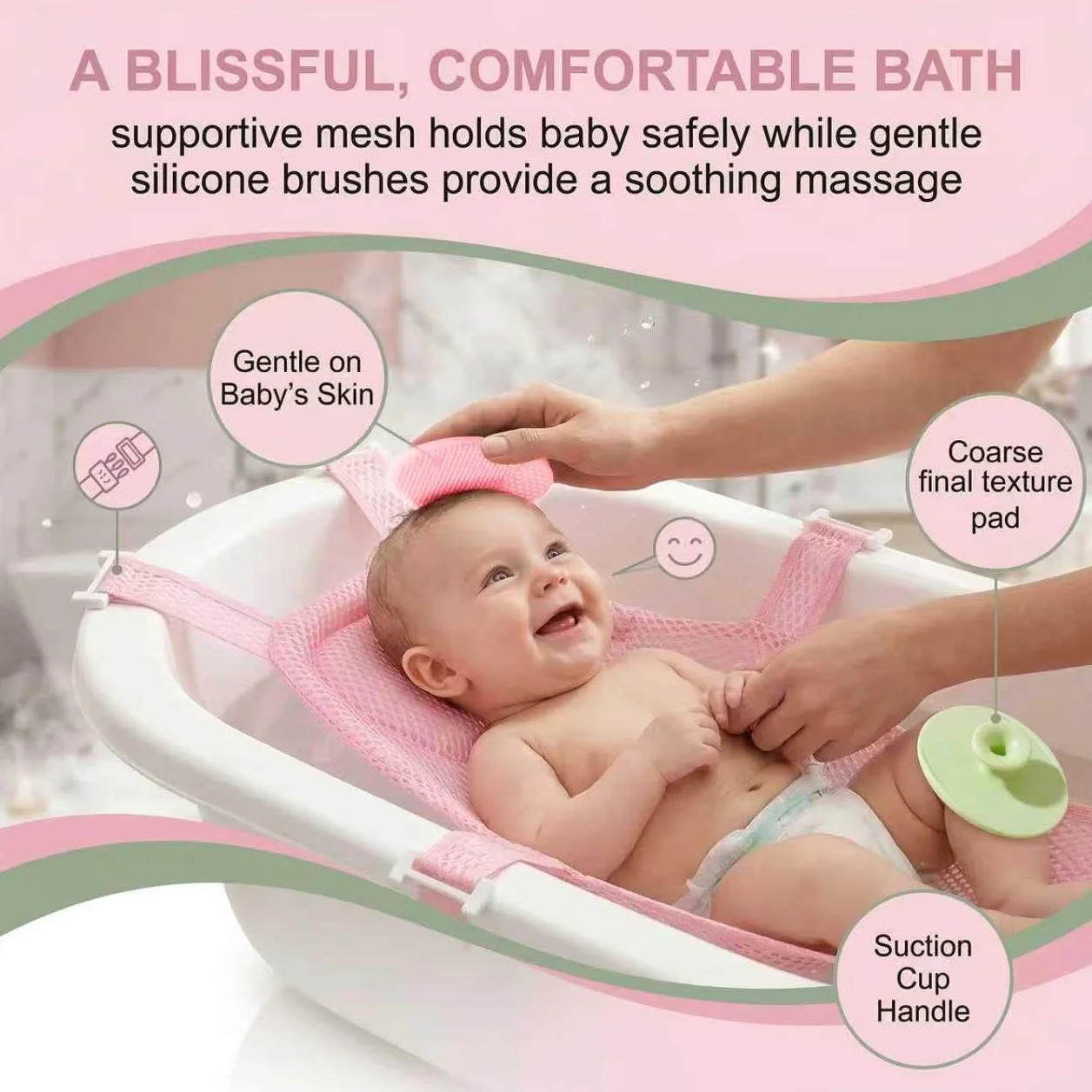 1 pezzo Cuscino per il bagnetto del neonato, Supporto per neonati, Rete antiscivolo, Due spazzole per shampoo incluse, Tappetino da bagno galleggiante per bambini (5 angoli)(Rosa)