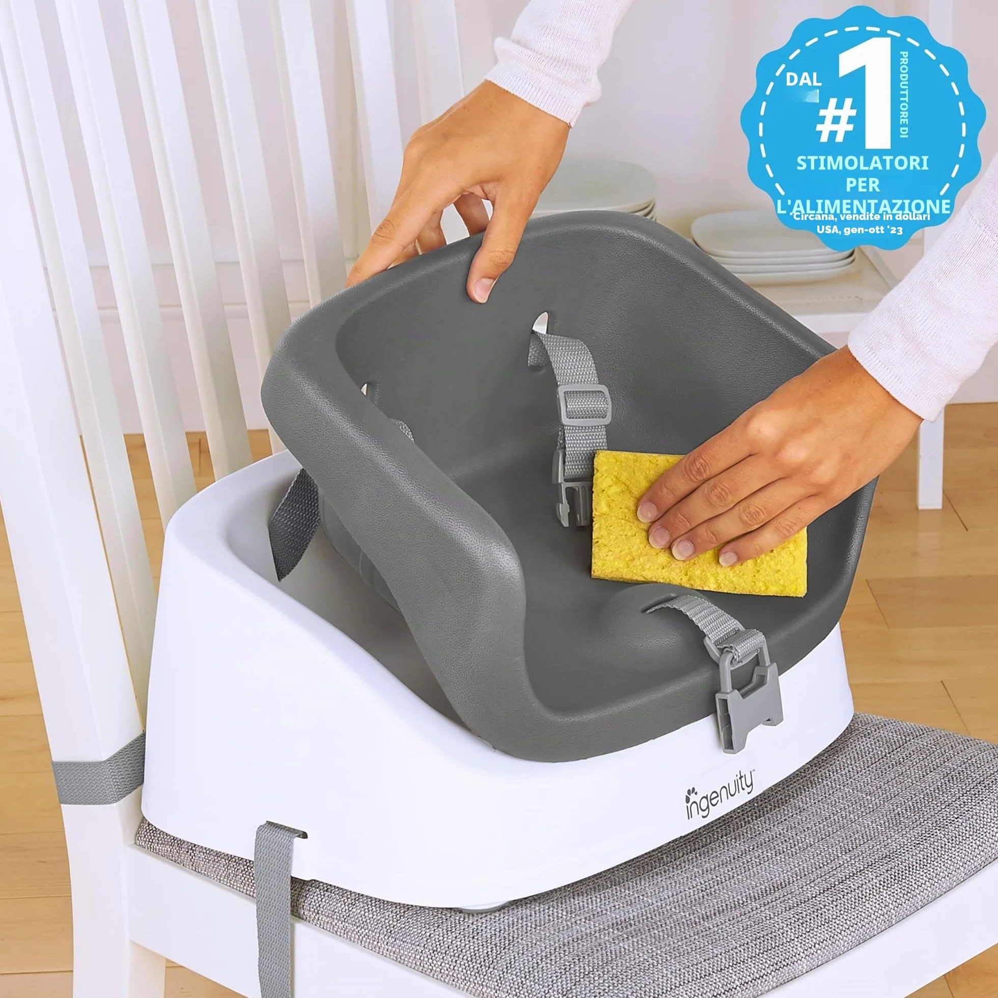 Ingenuity SmartClean Sedile di rialzo per bambini per tavolo da pranzo con cinghie di fissaggio a 3 punti, ardesia