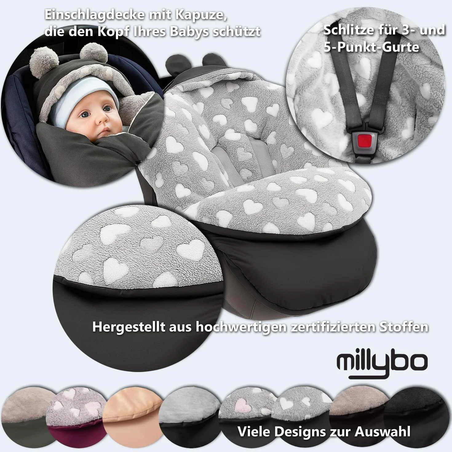 Coprigambe per bambini, per l'inverno, adatto per passeggino, ovetto, seggiolino auto, passeggino (605.021 nylon, grafite, Minky, grigio (cuore bianco))