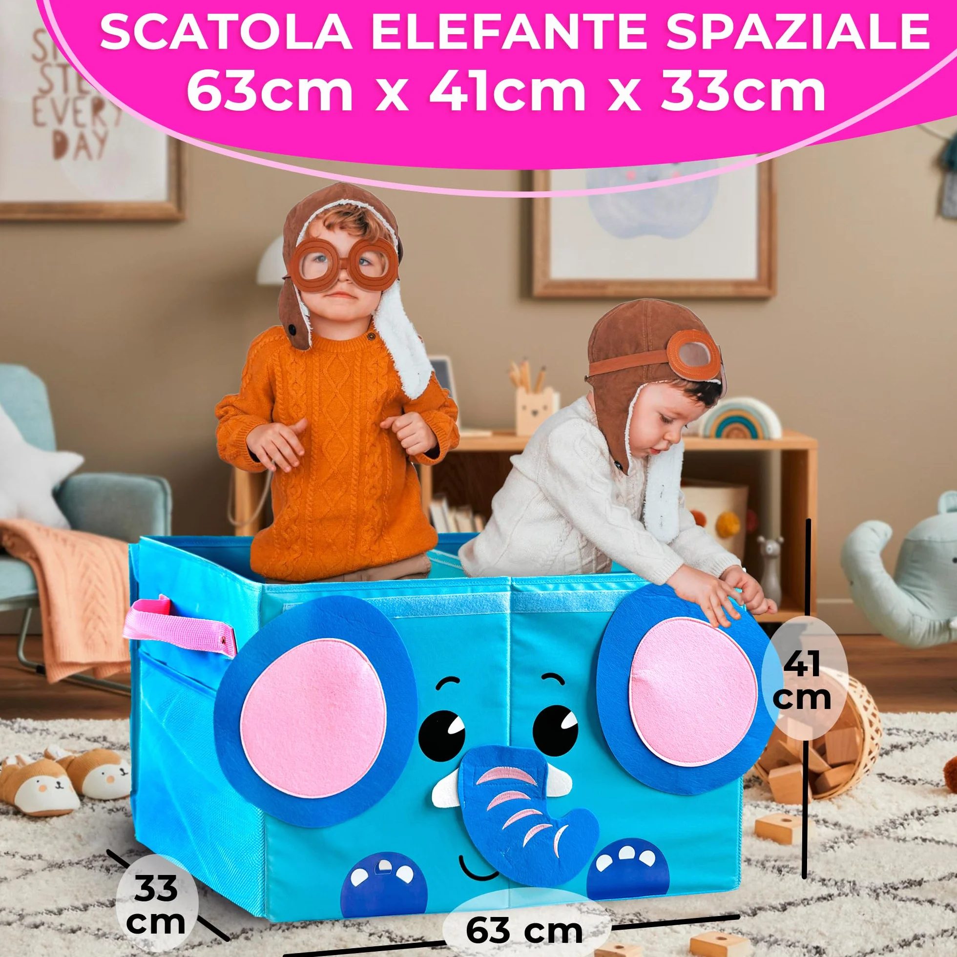QUOKKA Katabird Toy Storage Box for Boys and Girls - Organizador de juguetes para niños (16 x 12 x 8 cm, plegable, asas, tapa abatible), diseño plegable (Elefante, Grande)