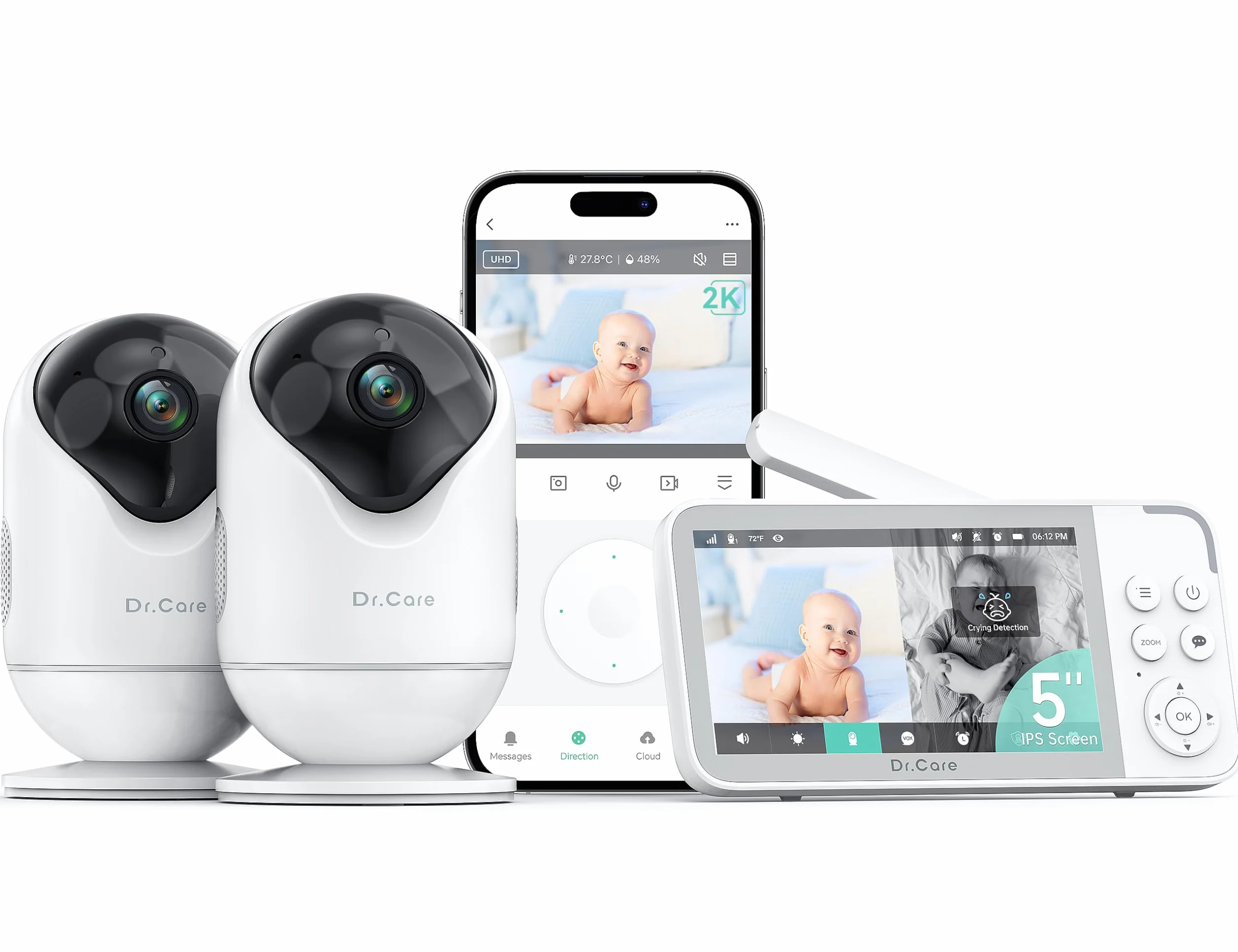 Dr.Care VistaView Baby Monitor Video e Audio con 2 Fotocamere Smart WiFi, 5”1080P Schermo Diviso, Telecamera 2K/3MP, Batteria 5000mAh, Visione Notturna, Allarmi Pianto, Sicurezza Tripla, Portata 390m