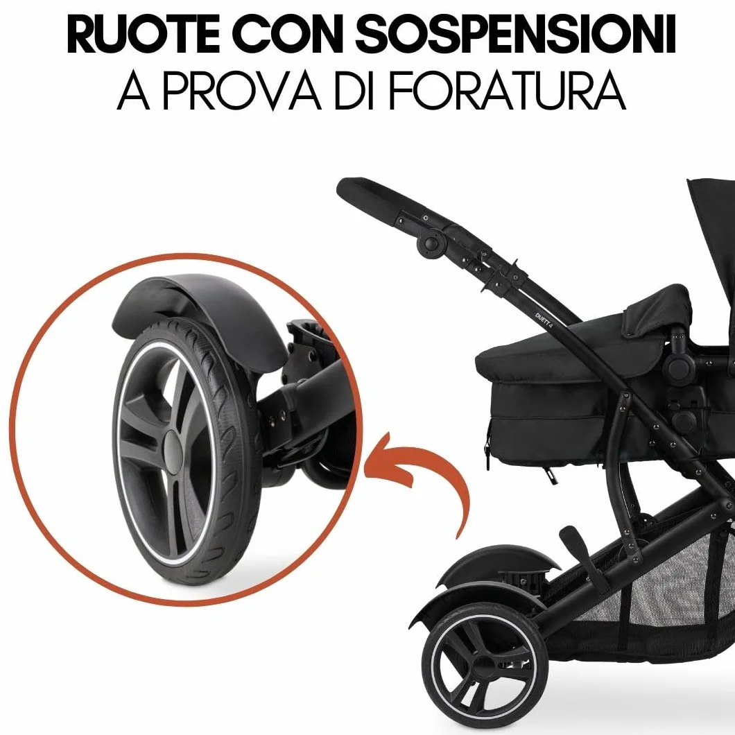 hauck Passeggino Gemellare Duett 4 - Passeggino Doppio per 2 Bambini, Fino a 36Kg, con Coprigambe e Parapioggia - Seduta Convertibile in Navicella Neonato - Nero