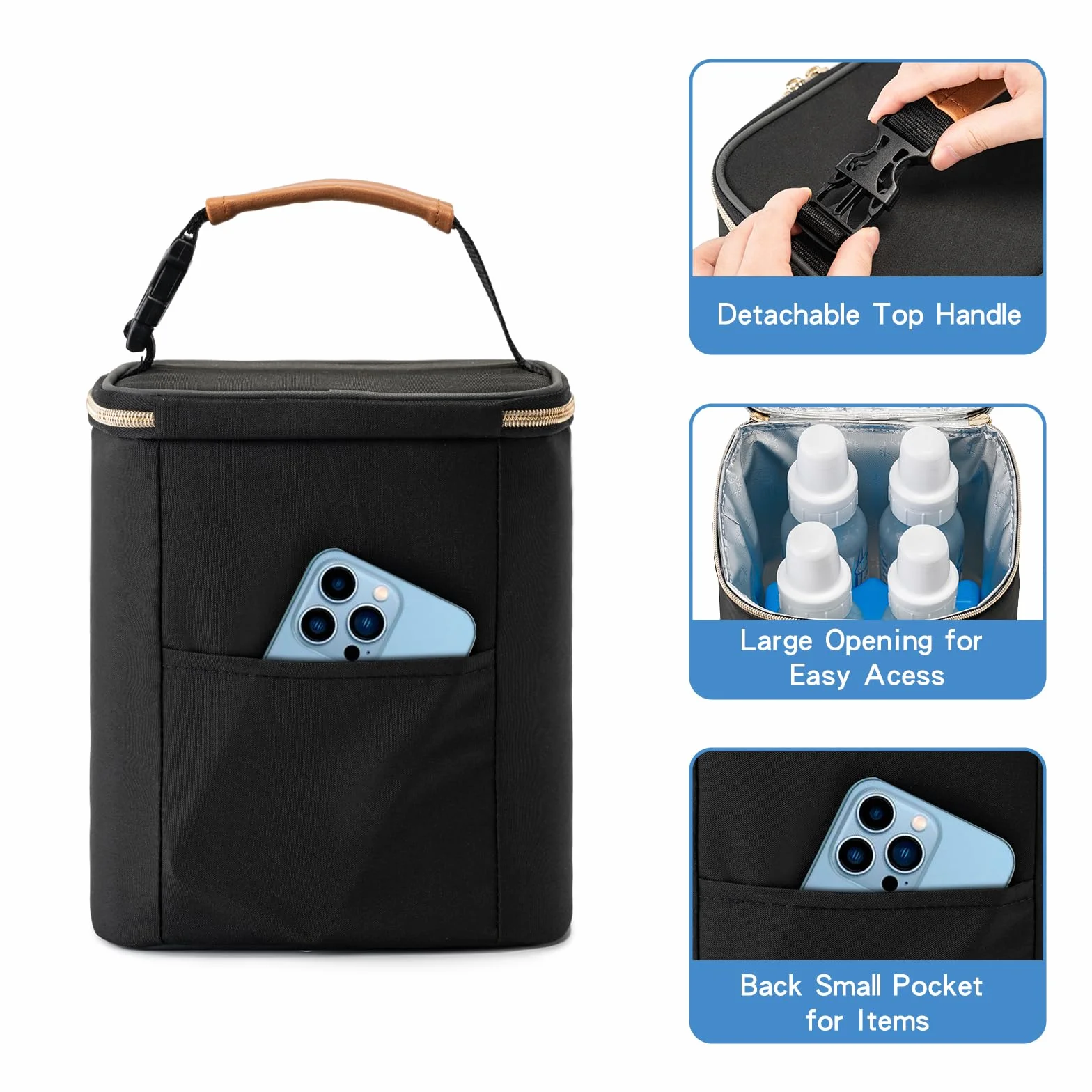 Borsa termica per latte materno, borsa termica per biberon con sacchetto di ghiaccio per 4 bottiglie fino a 120 ml – 270 ml, perfetta per l'asilo nido, i viaggi, madri che allattano, nero