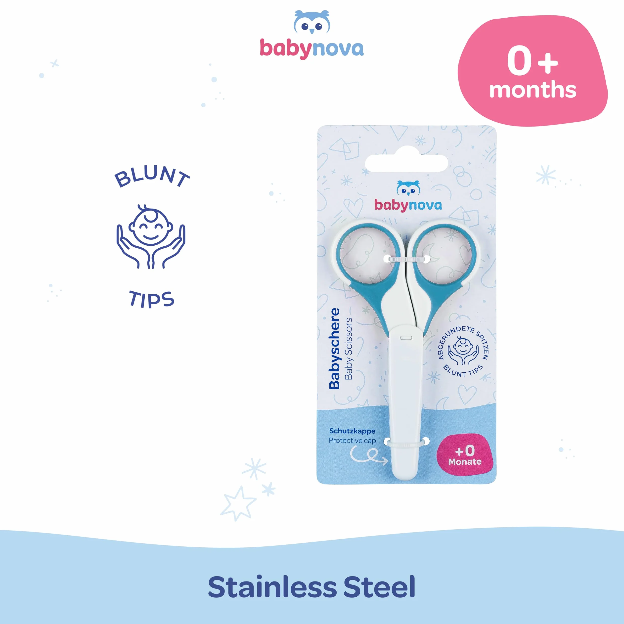babynova Forbicine per Bebè con Cappuccio Protettivo – Forbicine per Unghie in Acciaio Inossidabile con Punte Arrotondate per un Taglio Sicuro delle Unghie del Bebè – Senza BPA – Blu