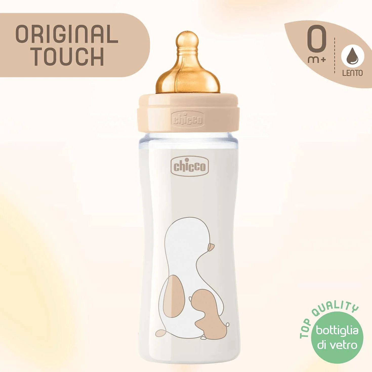 Chicco Original Touch Biberon, Vetro, Neutro, Flusso Lento, Beige, 240 ml