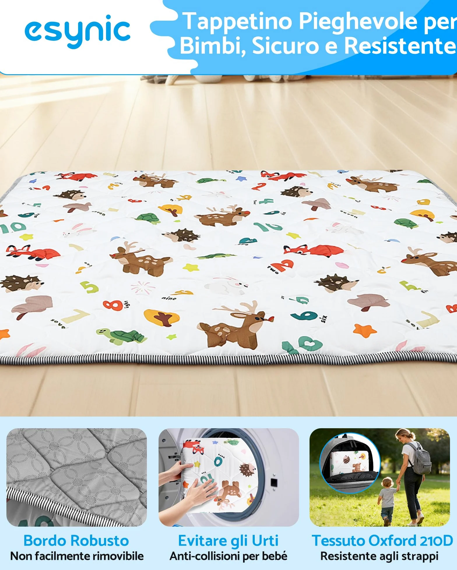 eSynic Tappetino da Gioco Pieghevole per Bambini 150x150cm, Antiscivolo a 4 Strati ed Educativo con Design Animali e Numeri, Tappeto Neonato per Gattonamento, Picnic e Recinti, Lavabile in Lavatrice